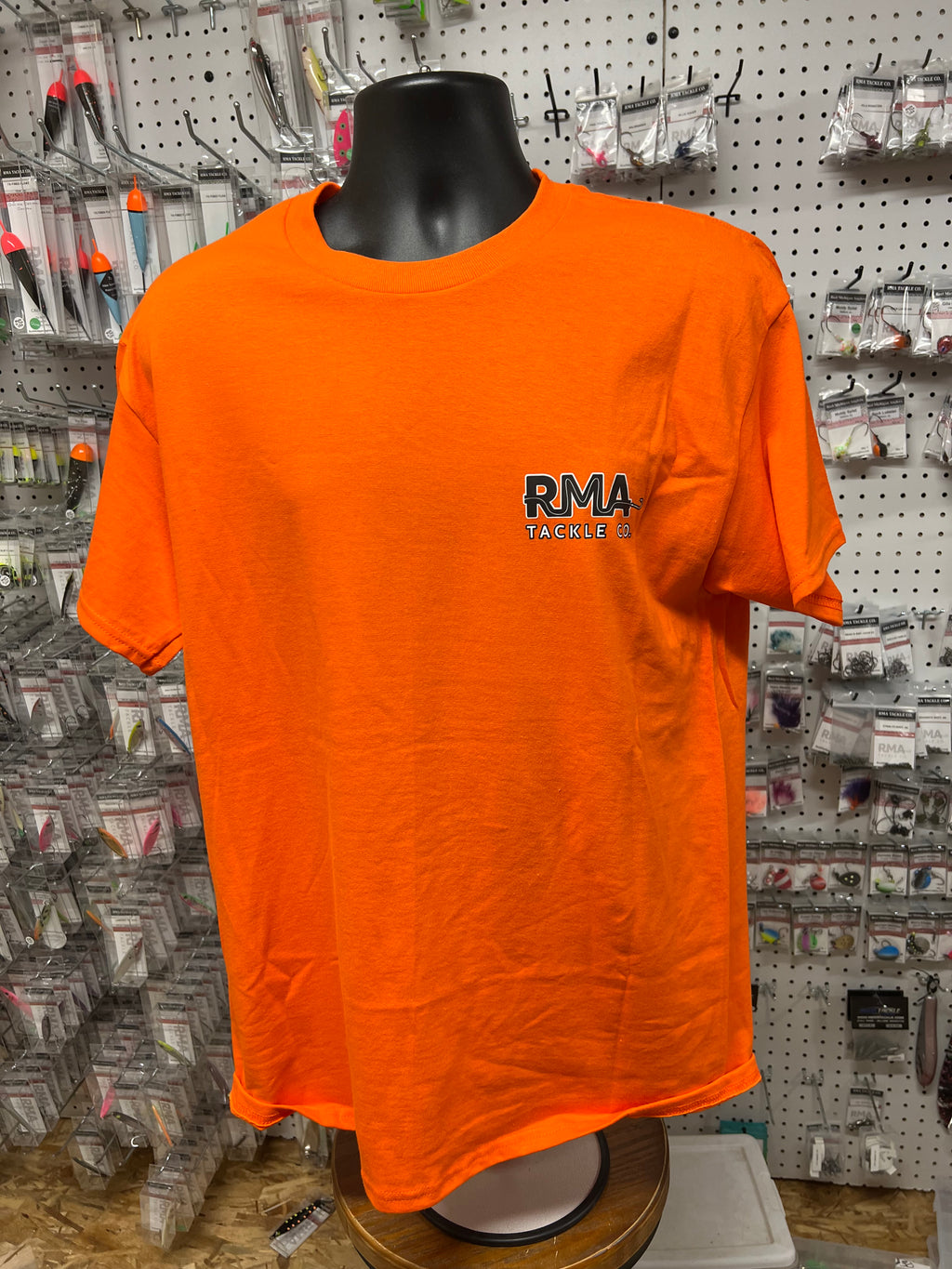 Large orange T-shirt with small RMA Tackle Co chest logo