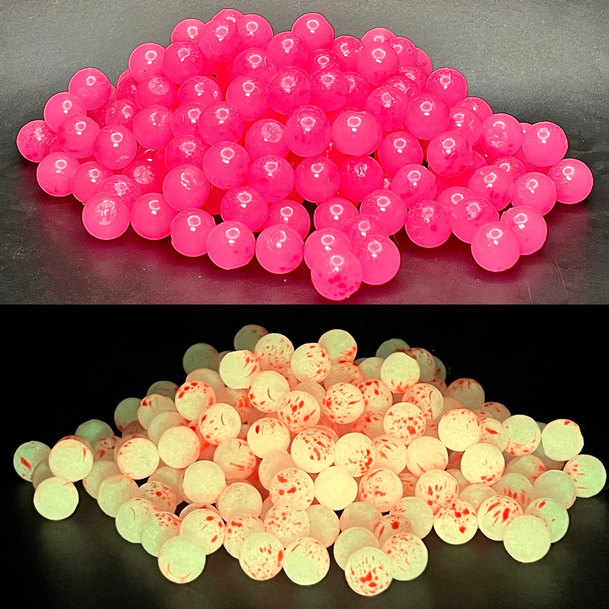Assorted soft glow beads, translucent pink and pale green.