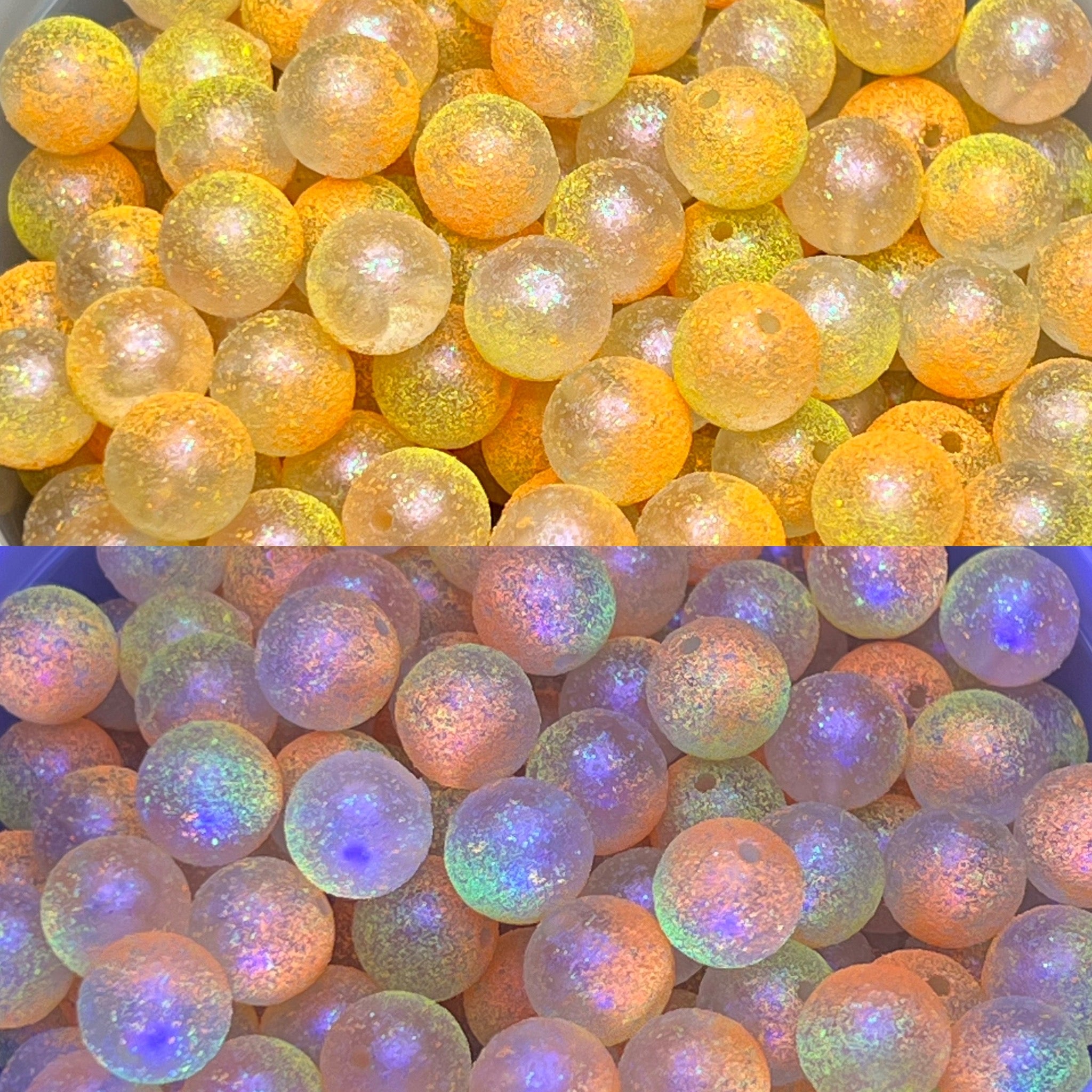 Iridescent round fishing beads with yellow, orange, and purple rainbow sheen