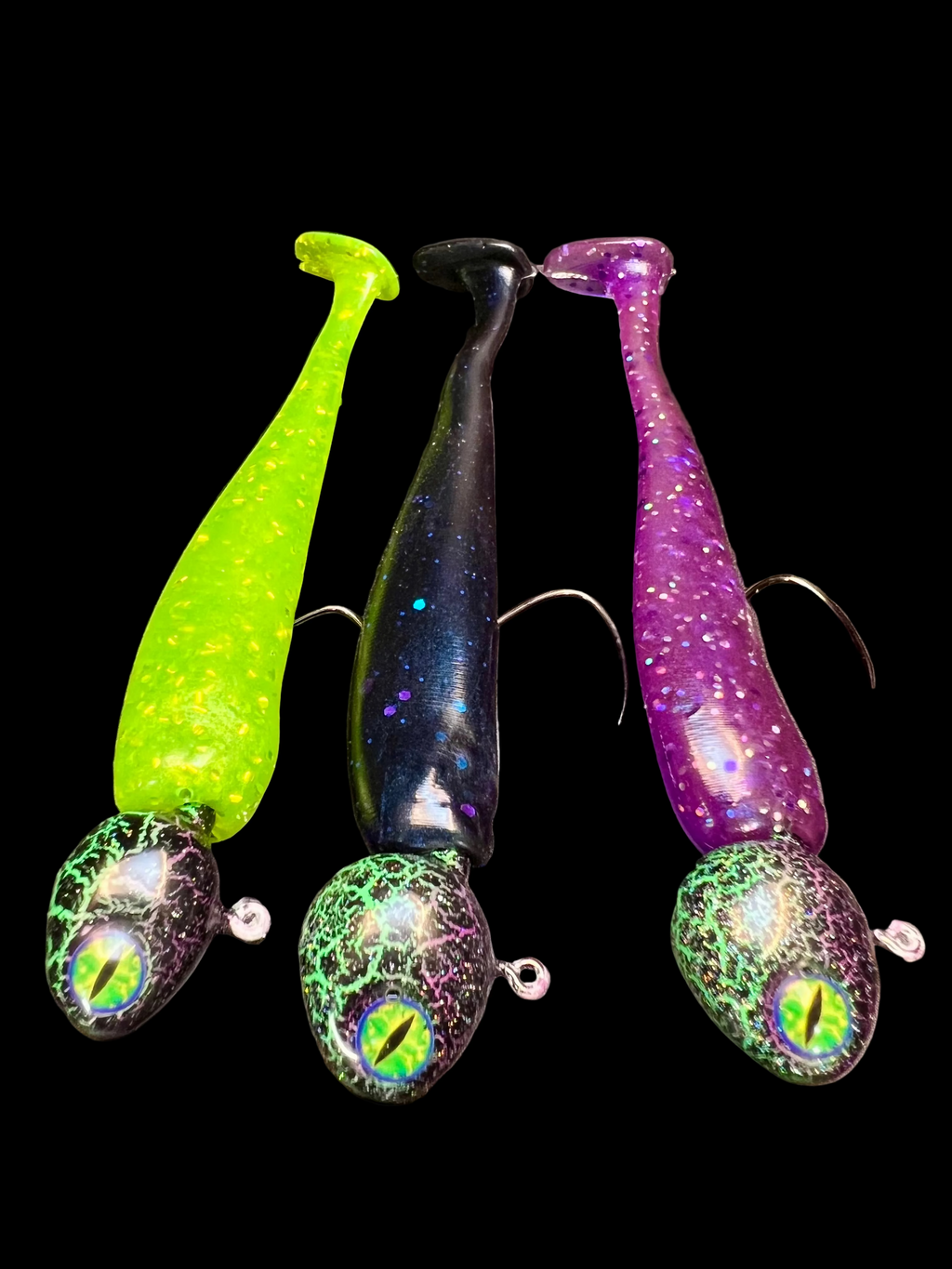 Chameleon UV walleye jigs 2-pack: chartreuse, purple/black skirts with iridescent heads