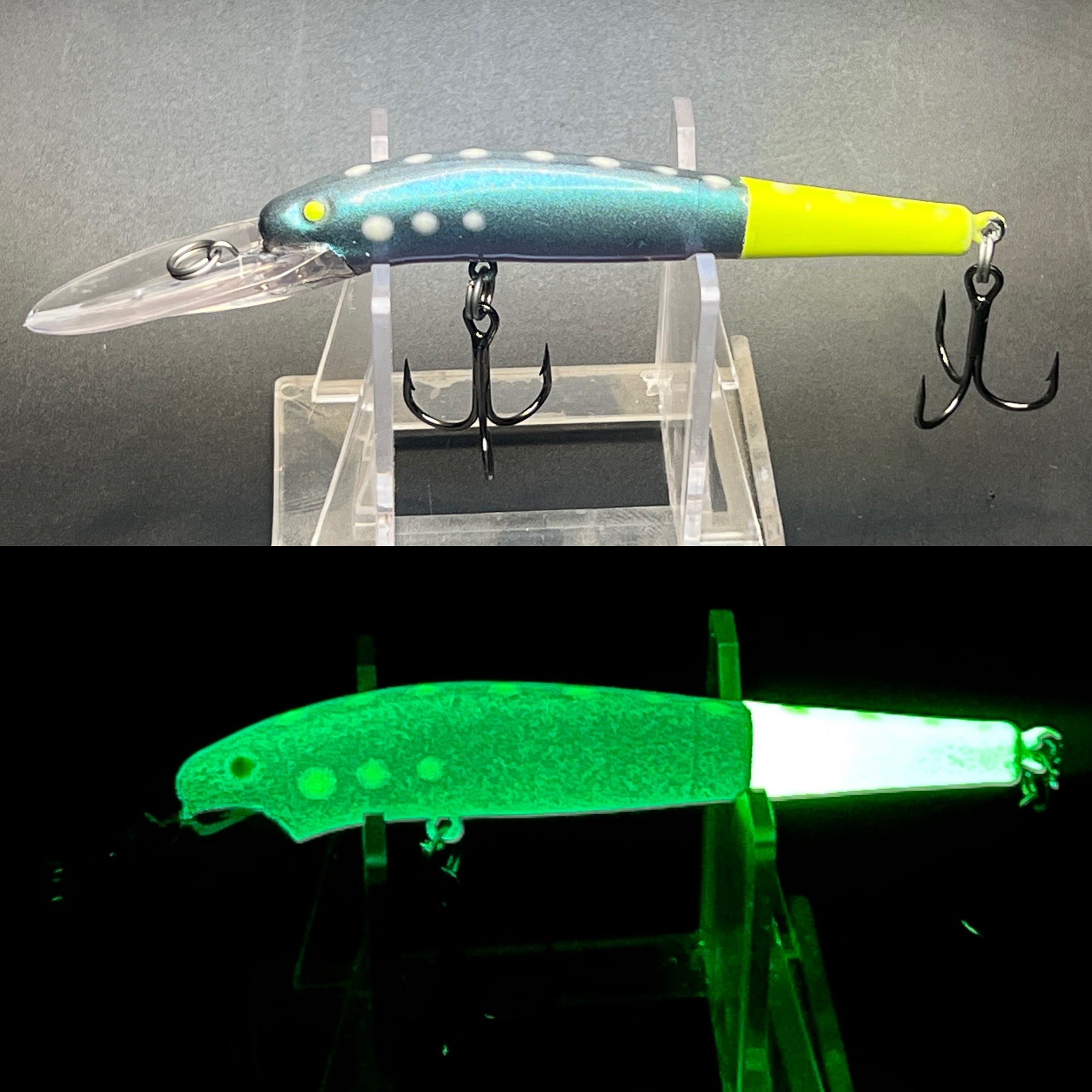 Glowing fishing crankbait lure with green body, neon yellow accents, and two treble hooks