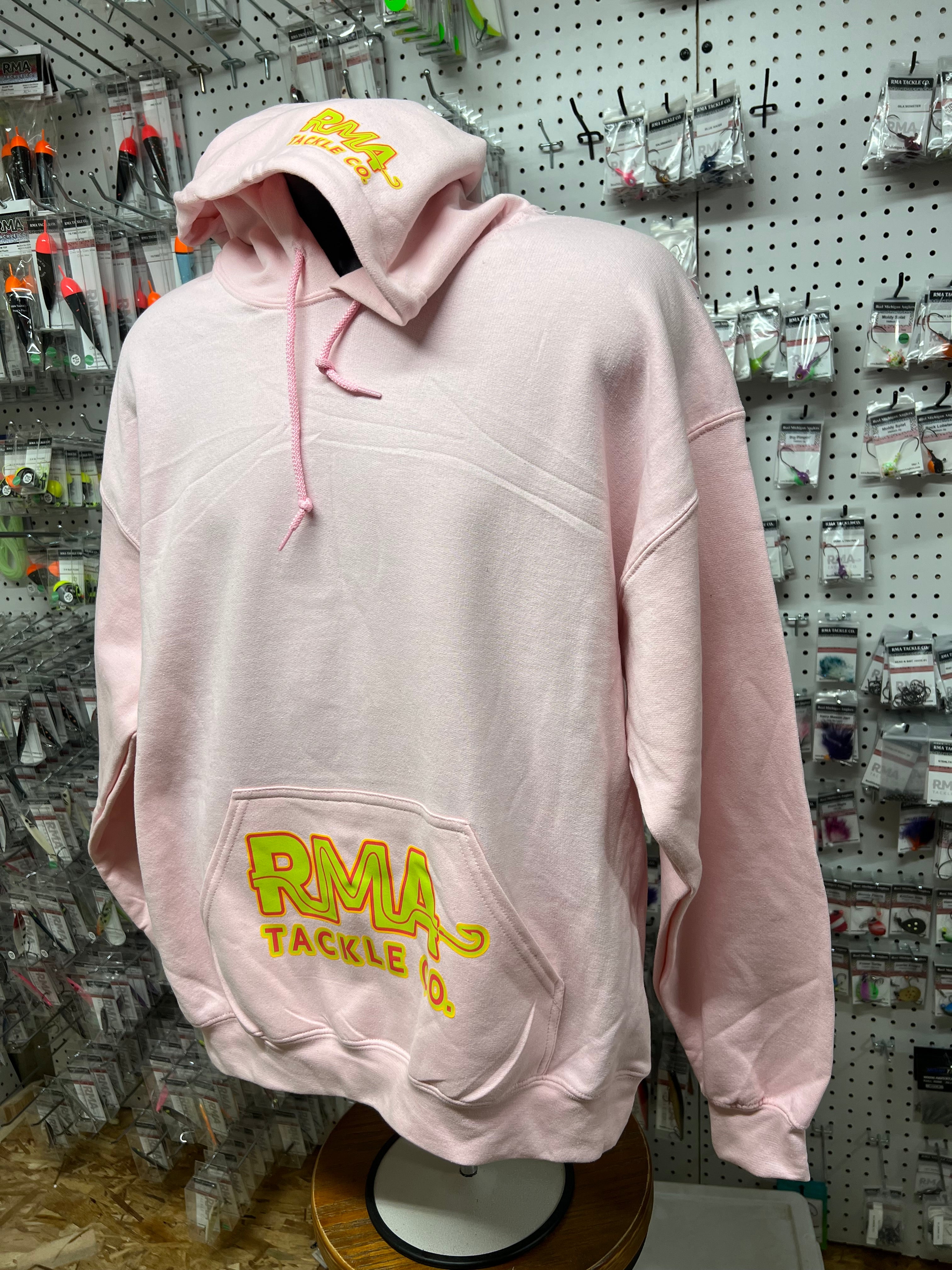 Large pink hooded pullover sweatshirt with RMA Tackle Co logo front and drawstrings