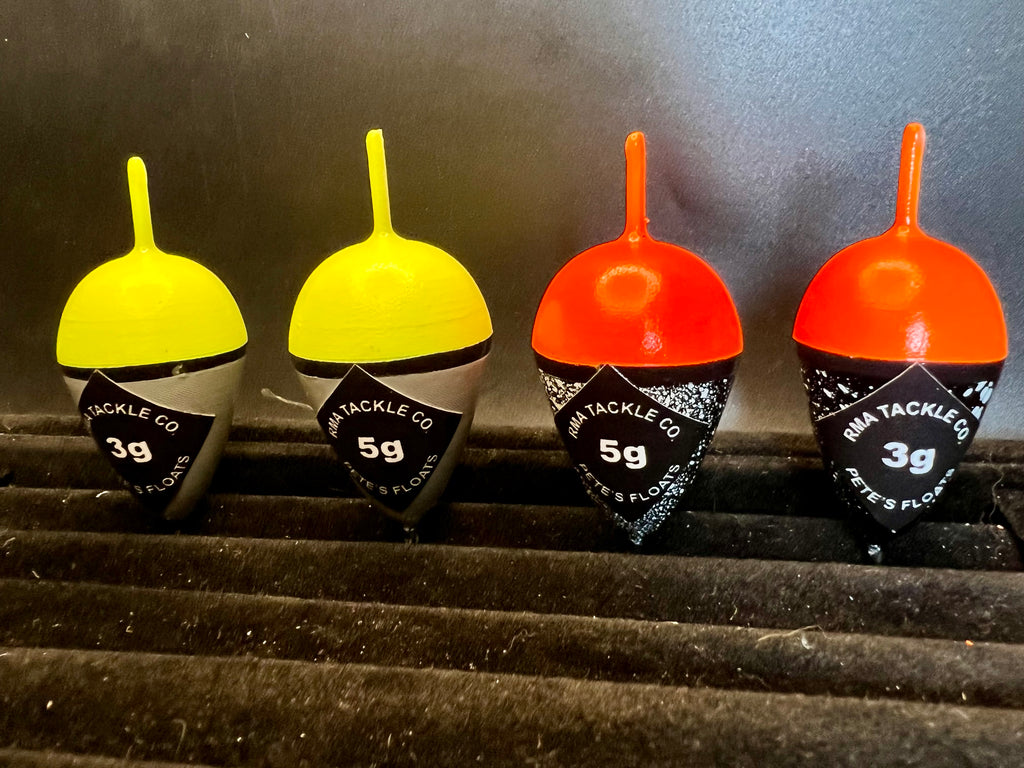 Acorn fixed-float fishing bobbers, yellow and orange tops, 3g and 5g