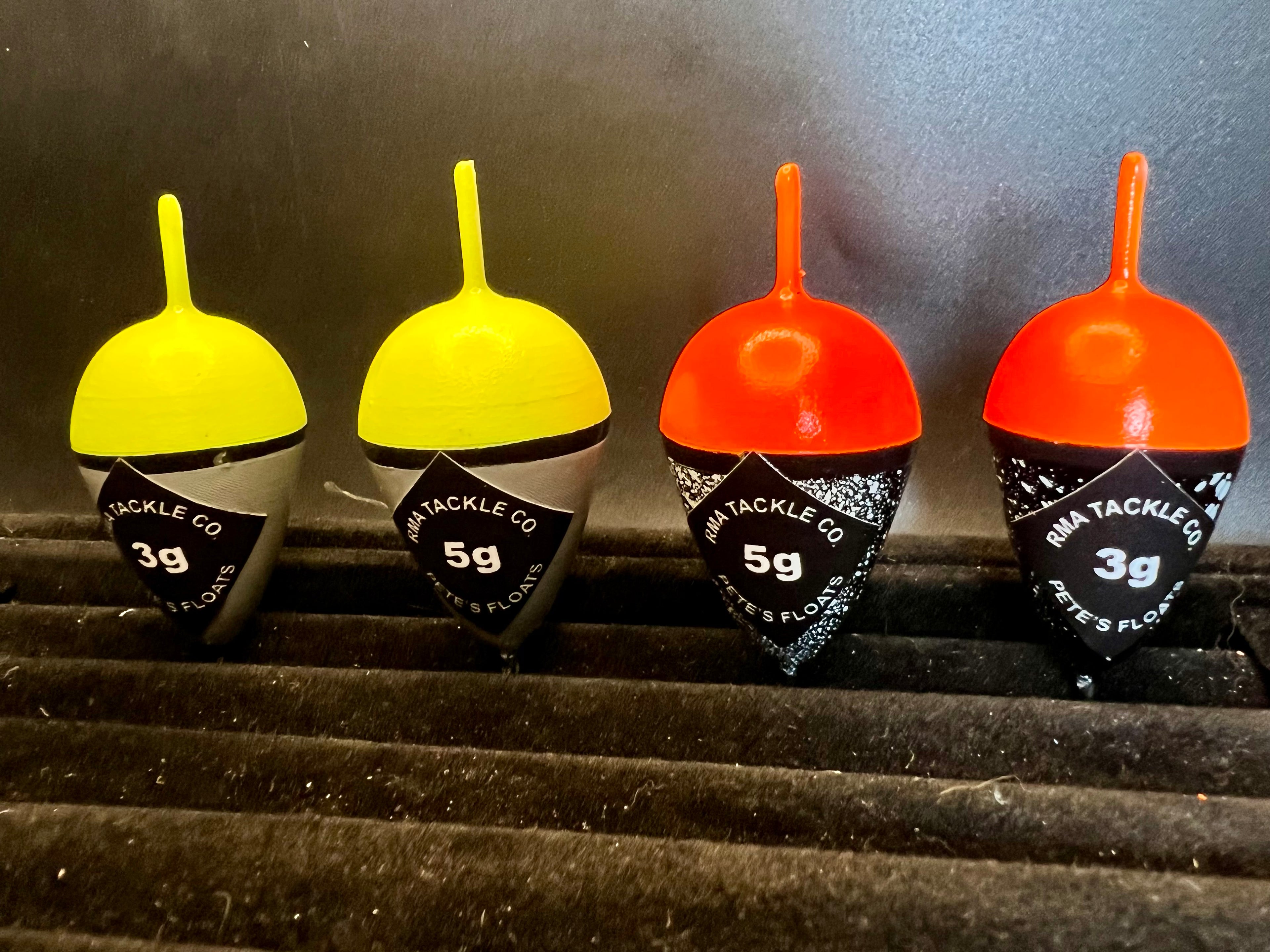 Acorn fixed-float fishing bobbers, yellow and orange tops, 3g and 5g