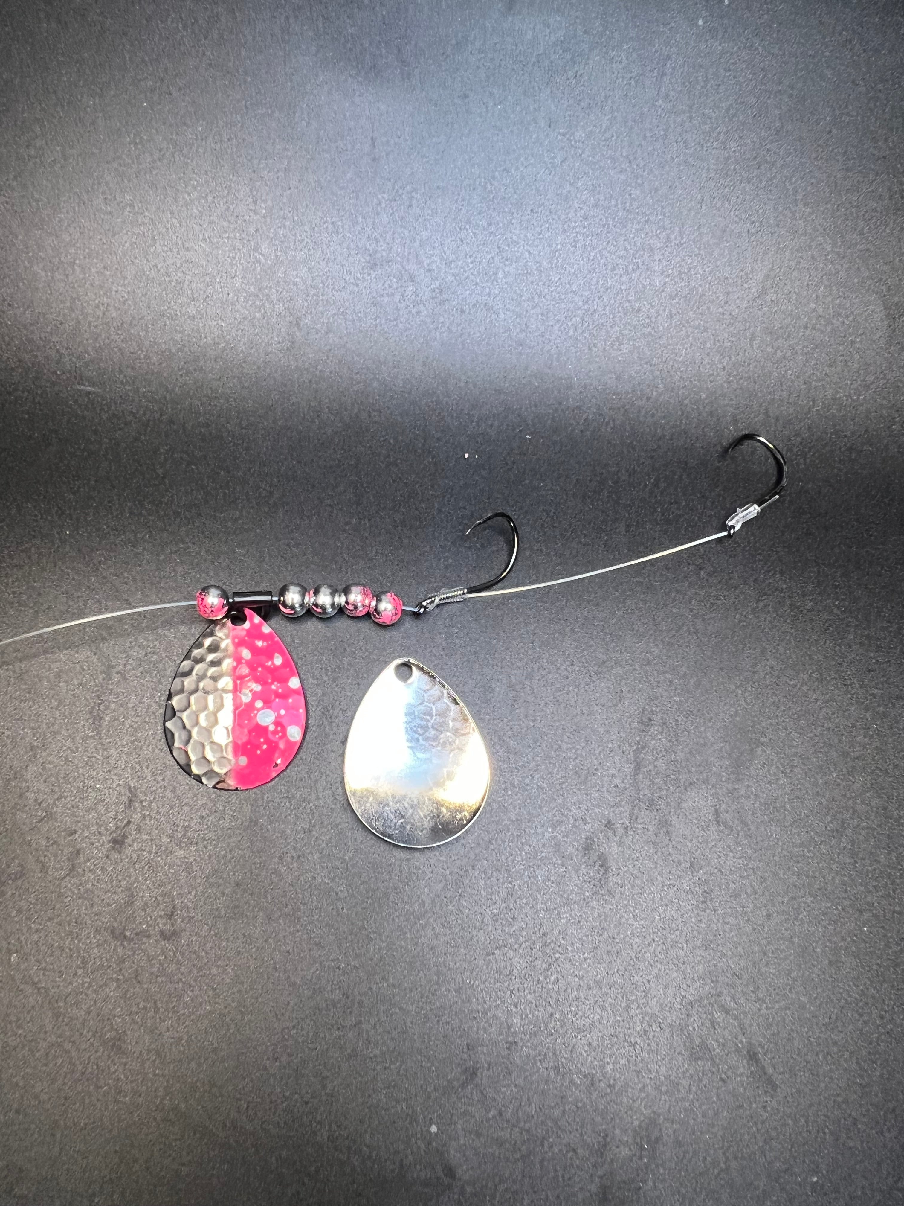 Spinner blade crawler harness with pink and silver blades and two hook loops