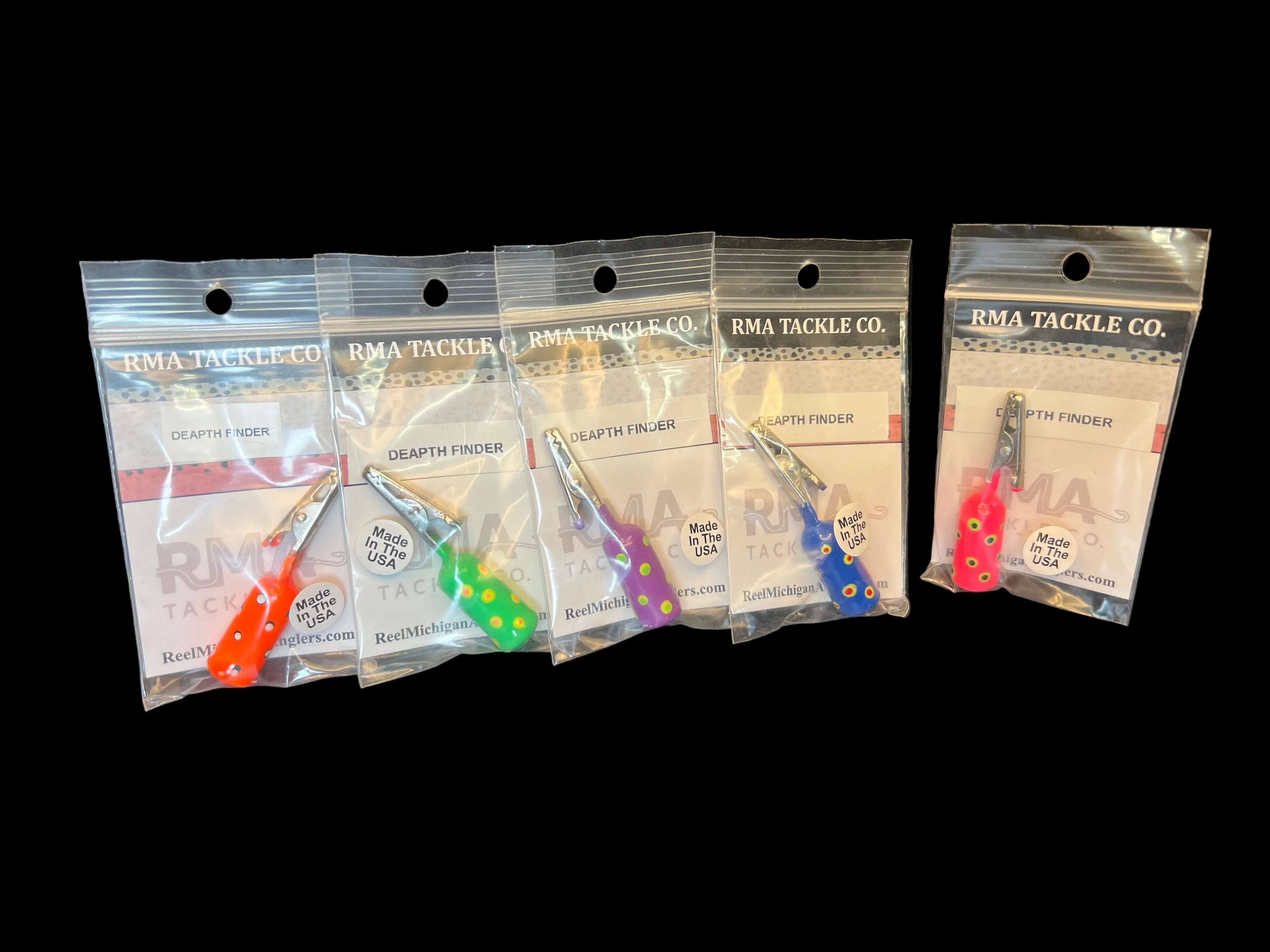 Depth Finder tackle bags with orange, green, purple, blue, and yellow lures