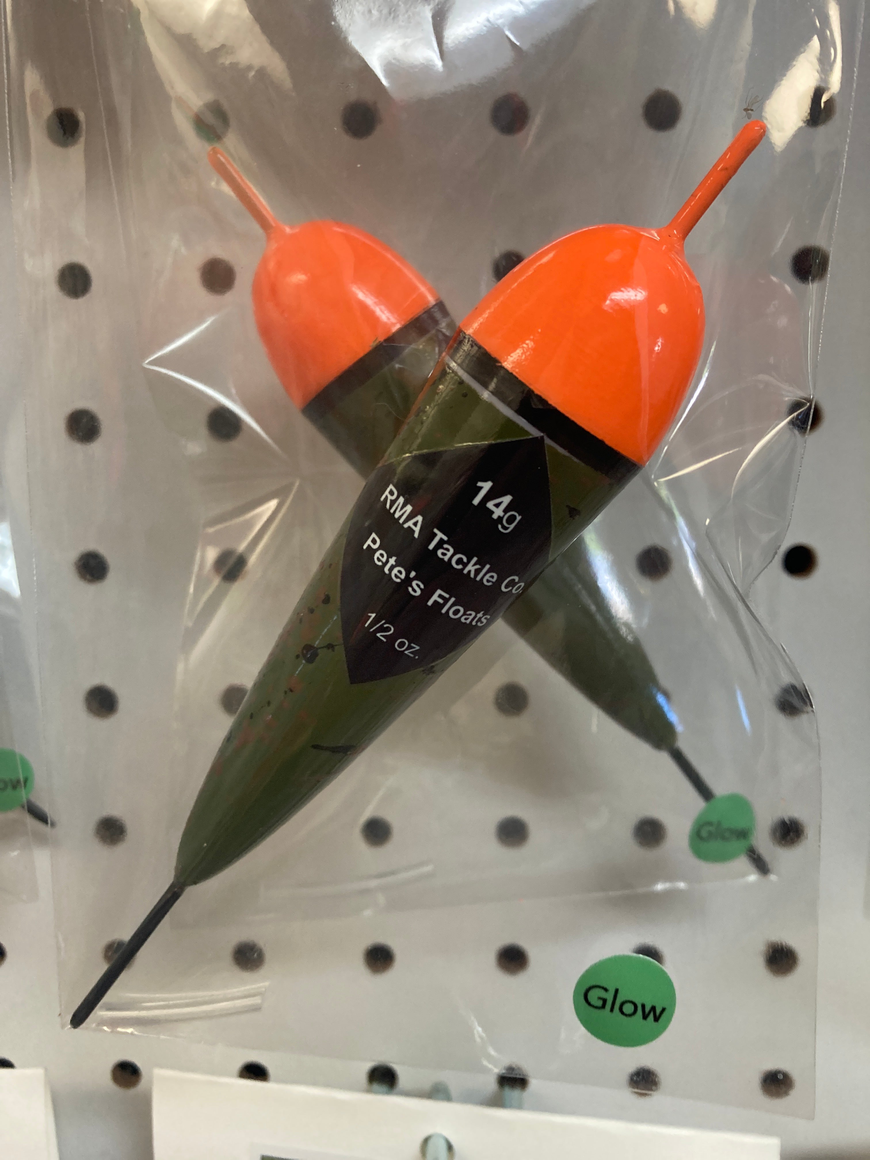 Two fishing floats in clear bags, orange caps with black band, green bodies, 14g