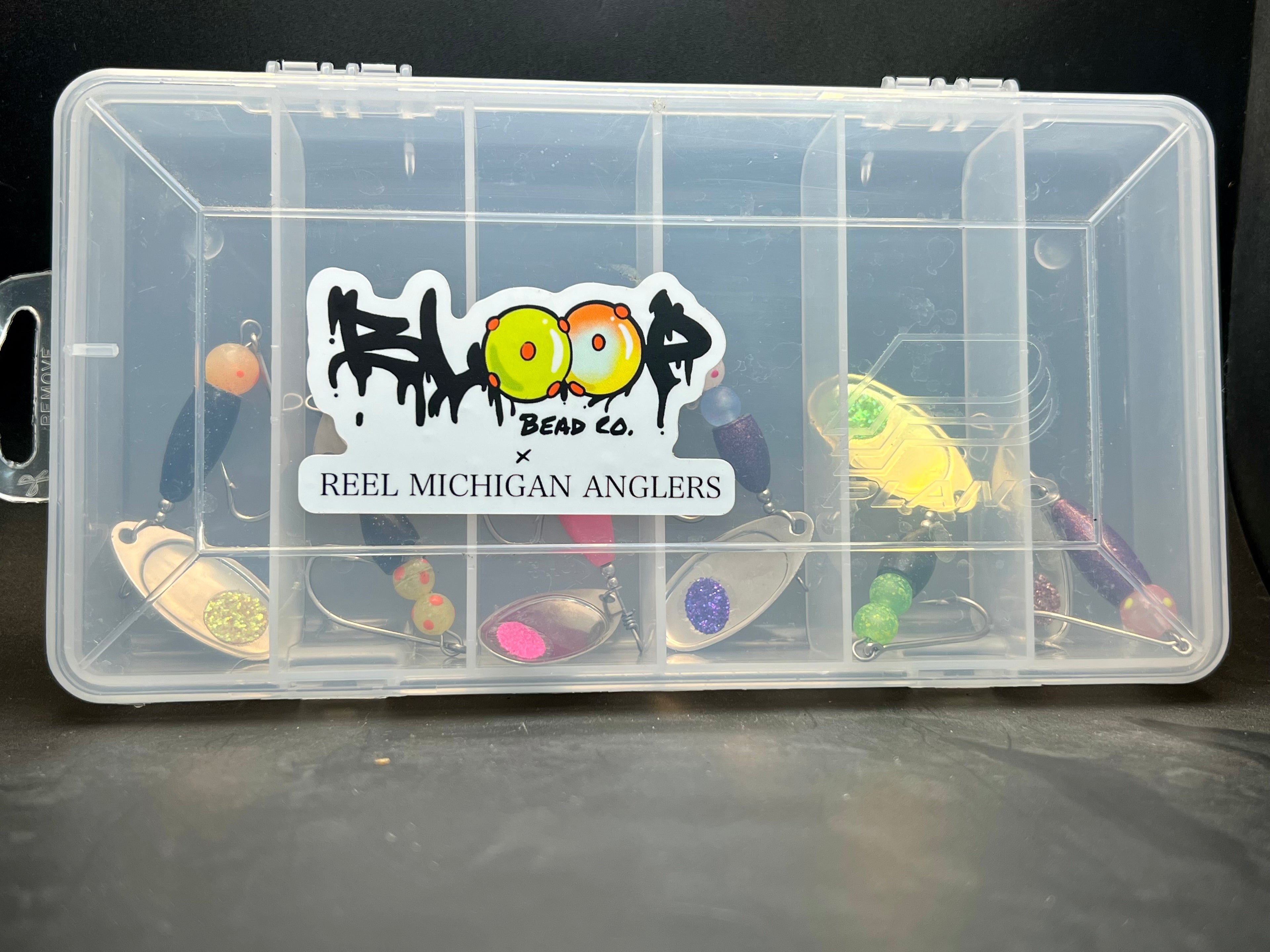 Clear tackle case for fishing spinner lures with REEL MICHIGAN ANGLERS sticker