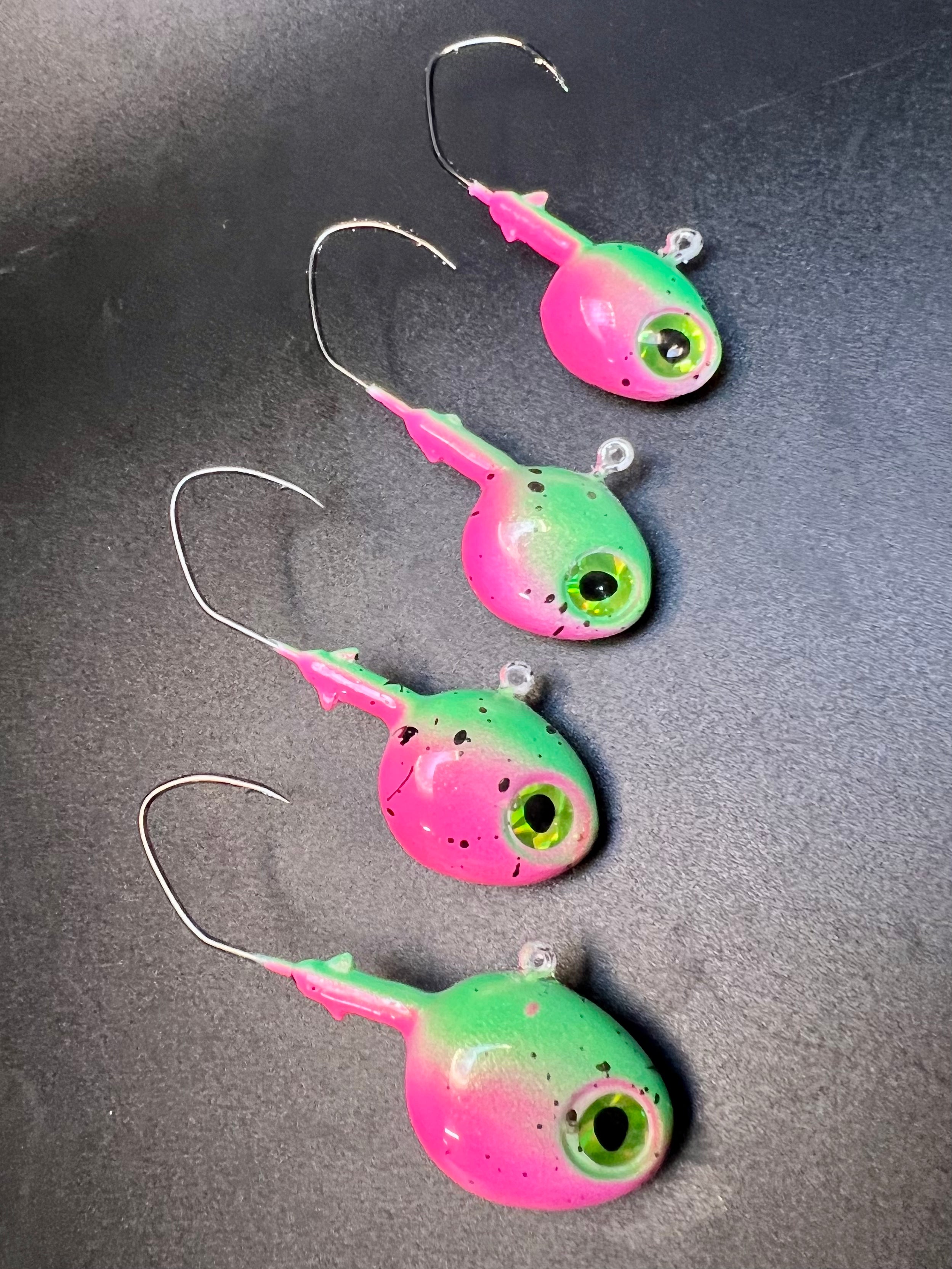 UV Glow Walleye Jig 2 pack in pink/green with treble hooks