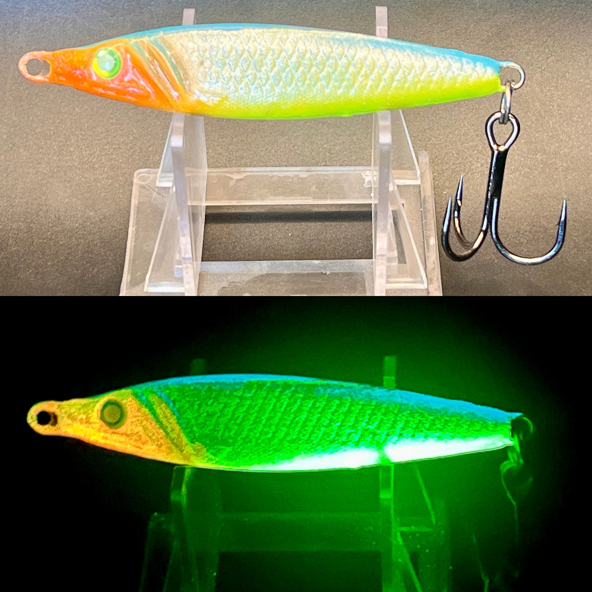 Jigging spoon lure with orange head, green-yellow body, single treble hook