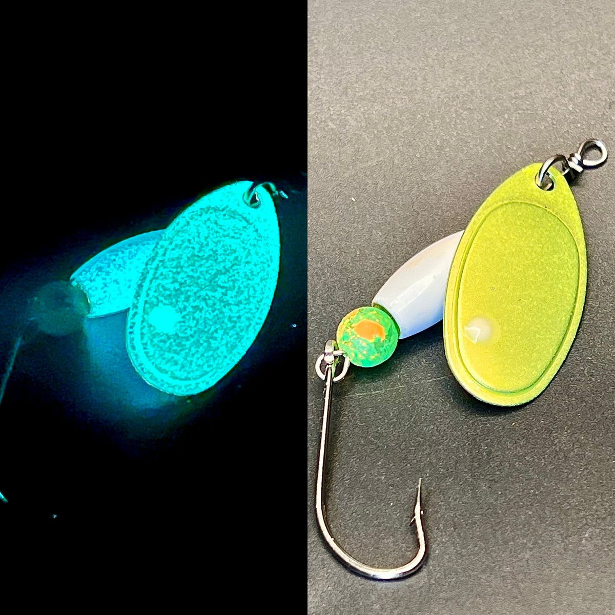 Glow-in-the-dark inline spinner with lime teardrop body, glowing bead, treble hook