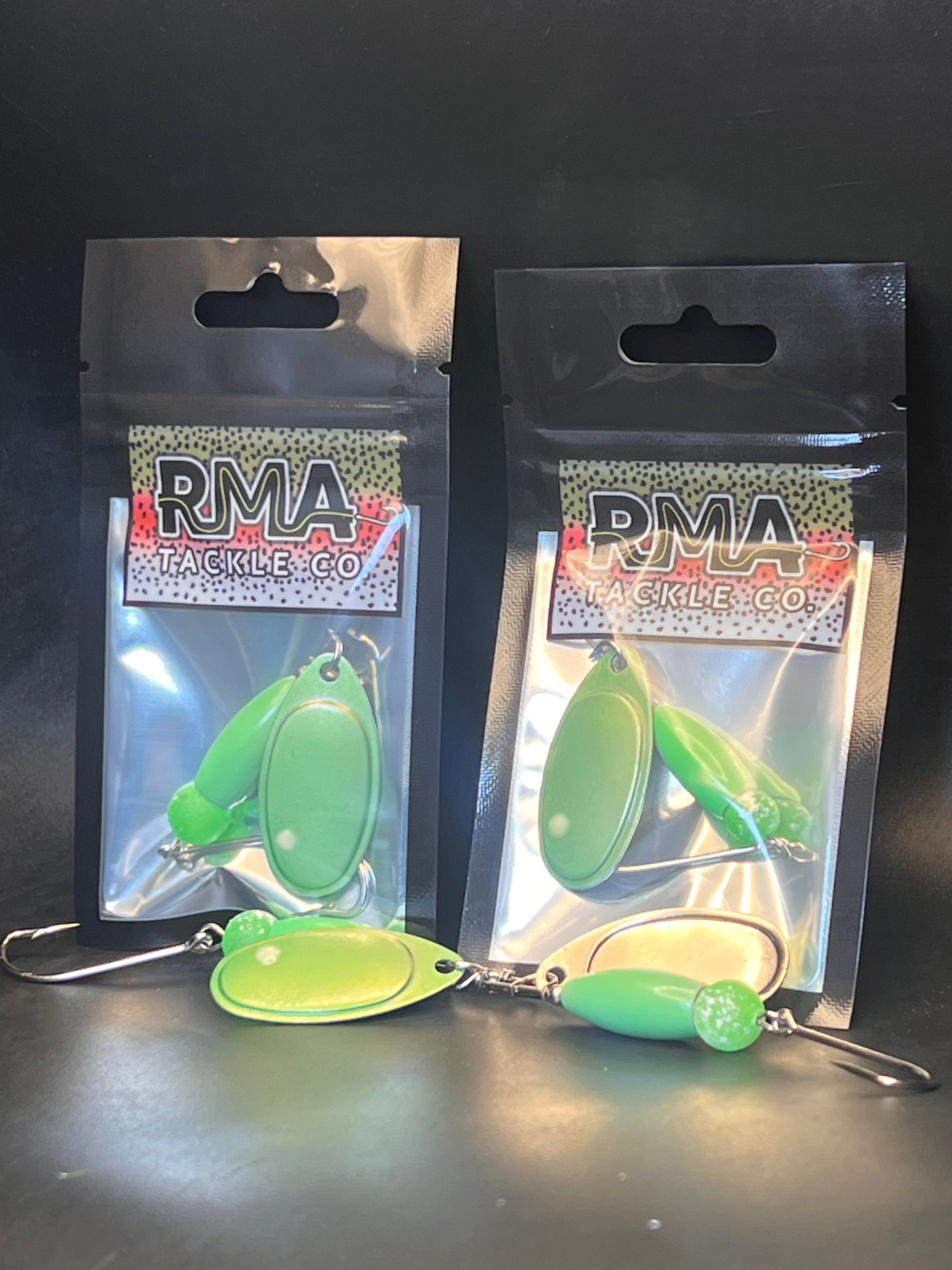 Package of green inline spinner lures with two oval blades on retail hang tags