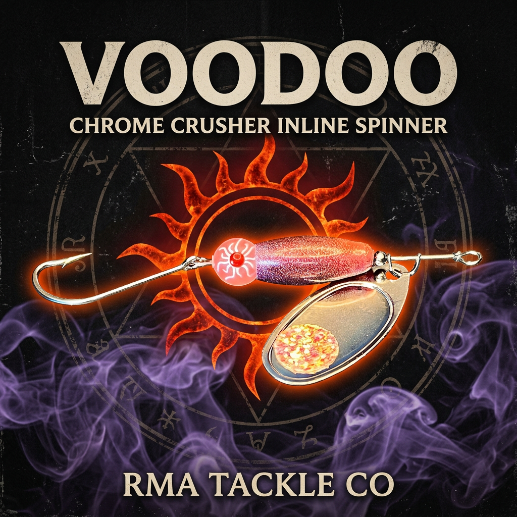 Voodoo inline spinner lure with iridescent red-orange body and two reflective blades