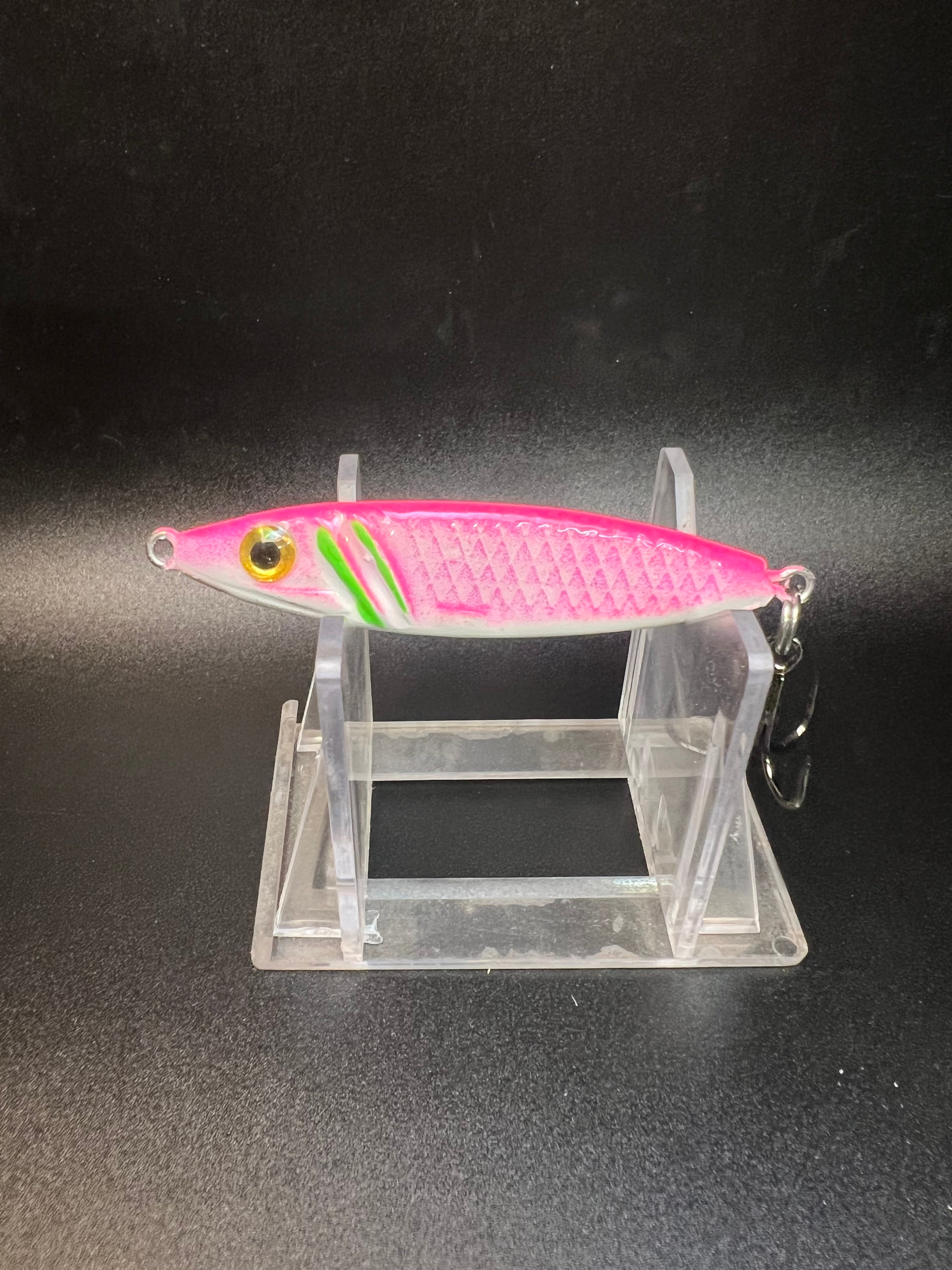 Pink jigging spoon with yellow eye, chartreuse stripe; 3/4 oz