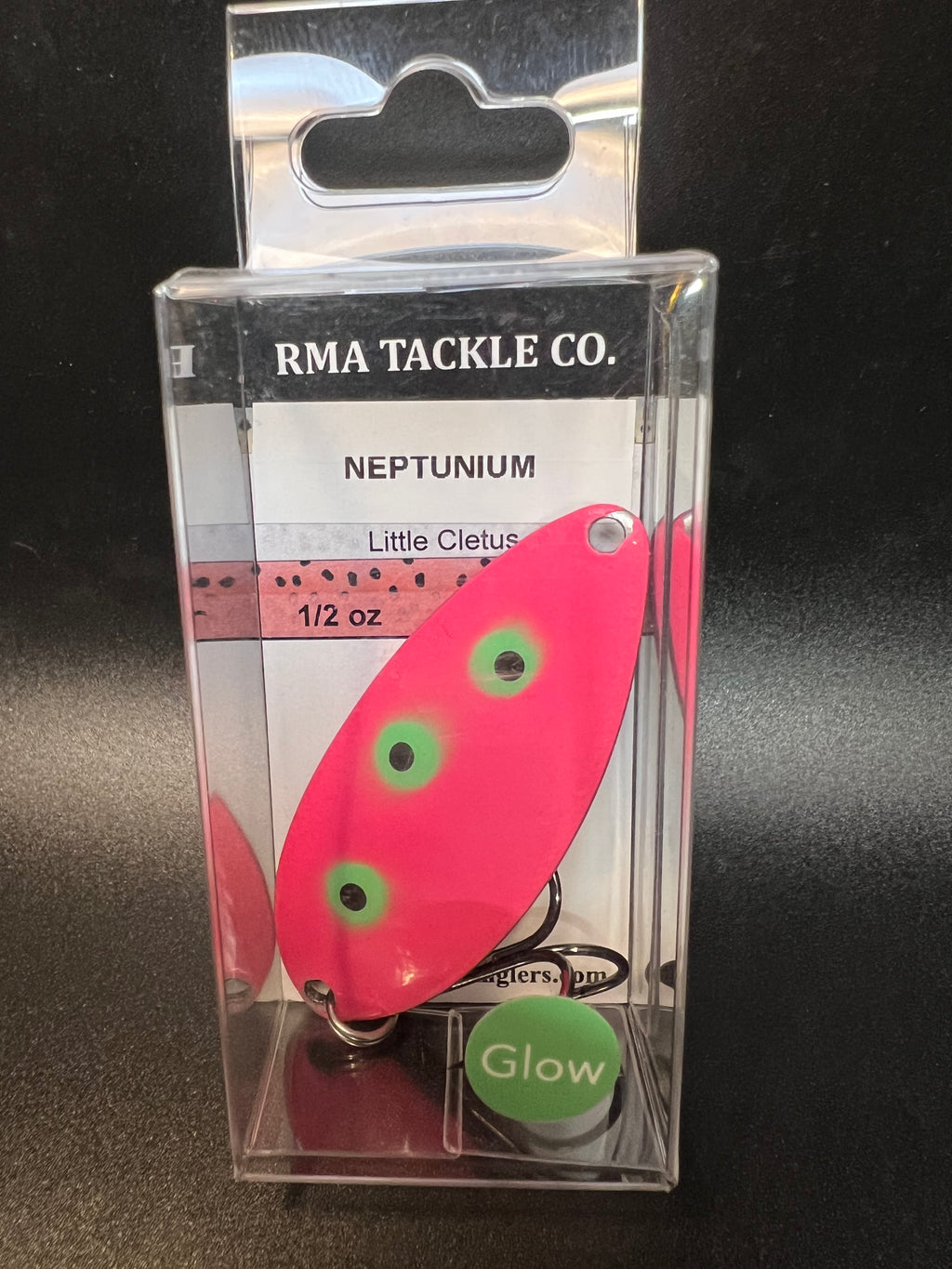 Neptunium Glow Little Cletus lure, pink with green dots, in blister package