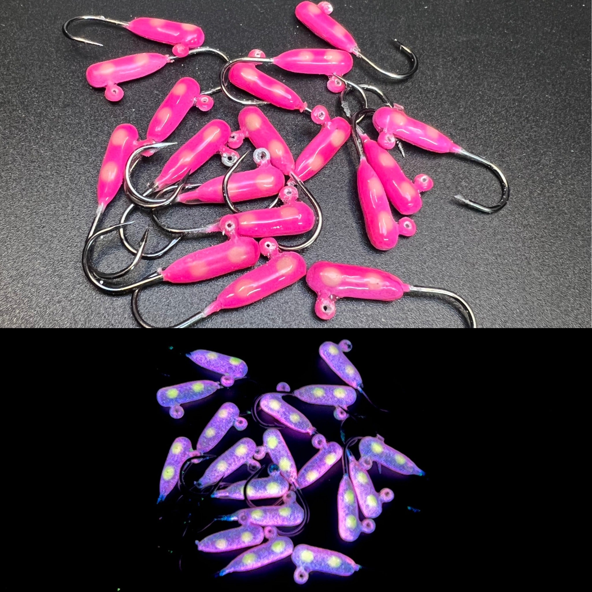 Glowzilla UV tube jig #4 1/16, pink, with hooks shown