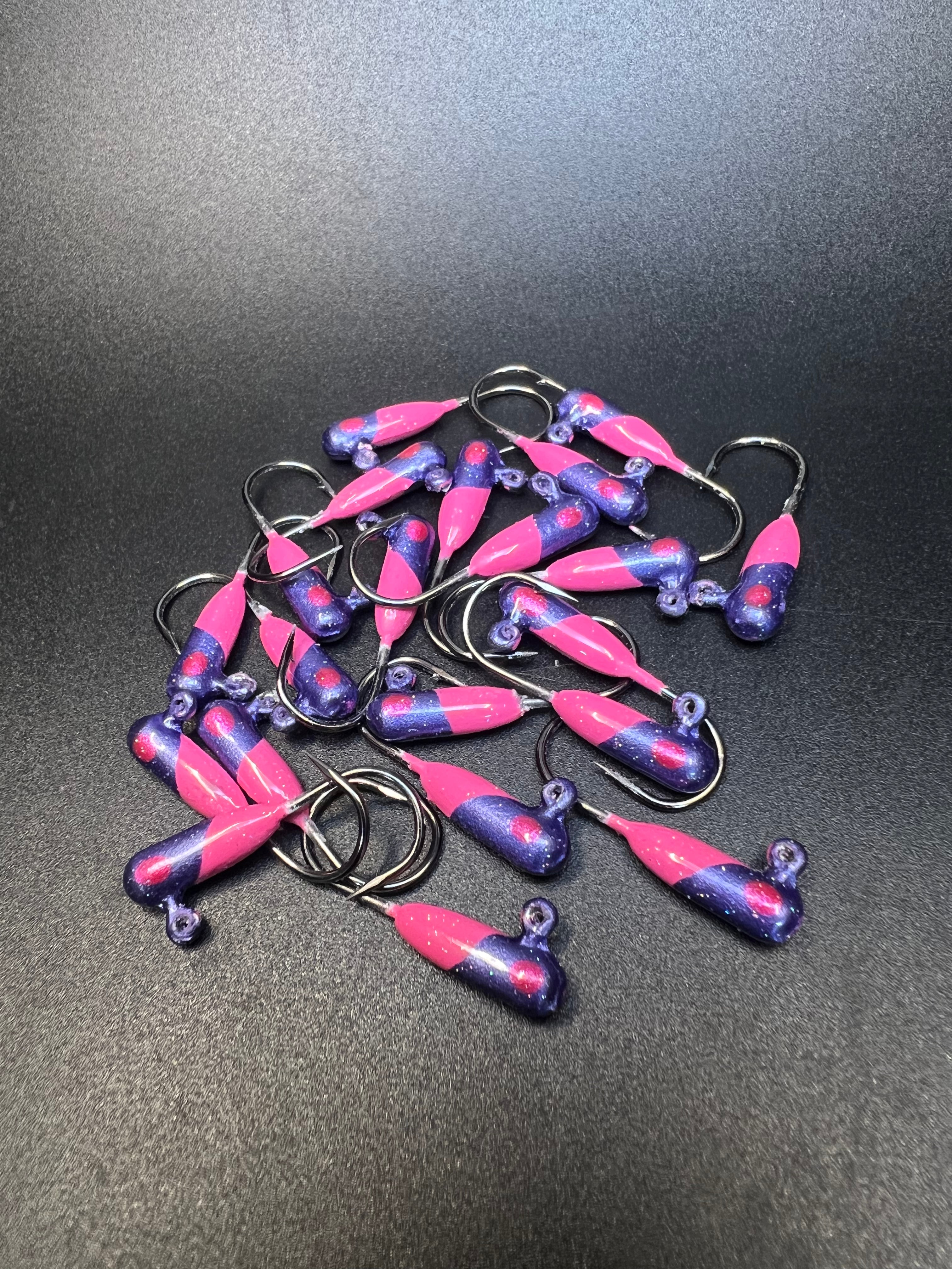 Pink/blue speckled tube jigs with #4 Voodoo hooks, 1/16 oz