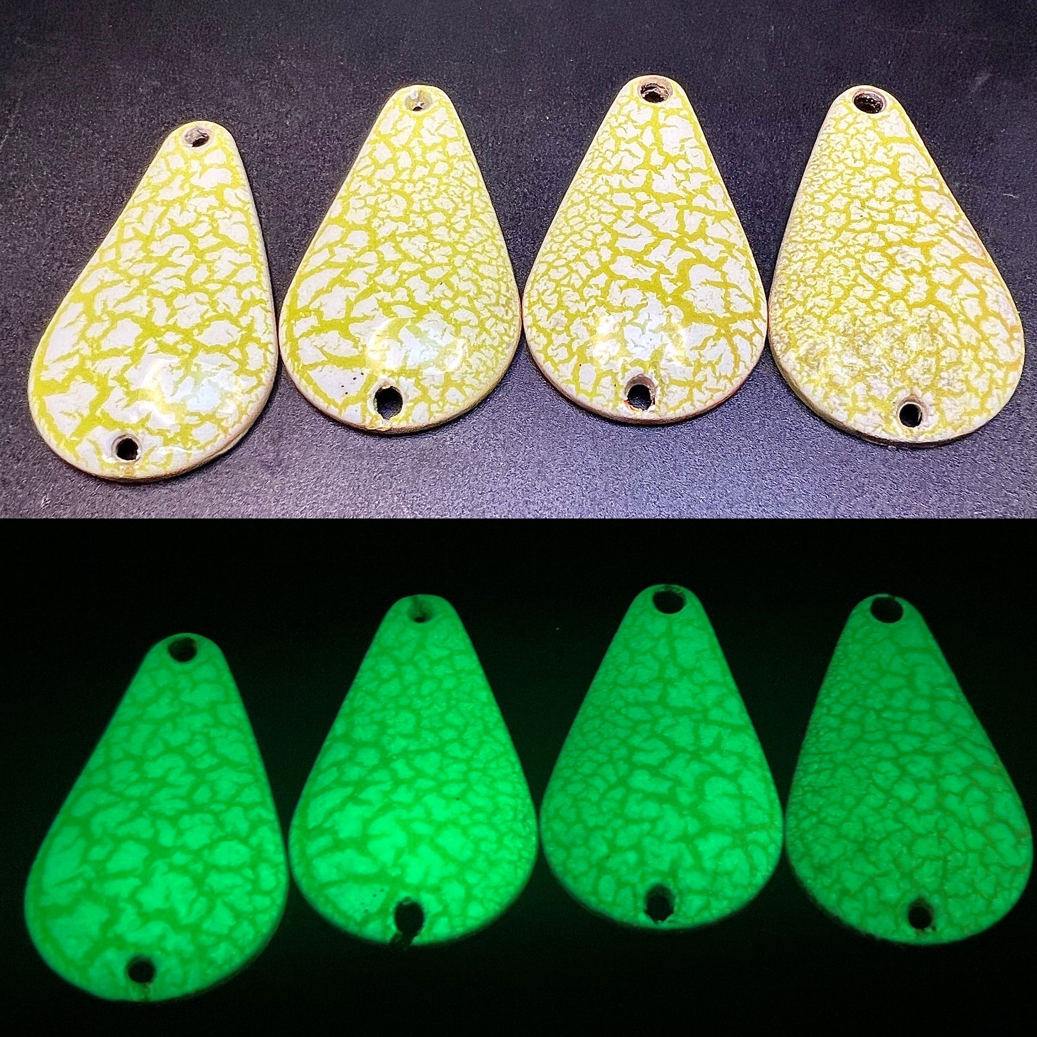Teardrop casting spoon lures with crackle texture, yellow and green glow finish, metal eyelets