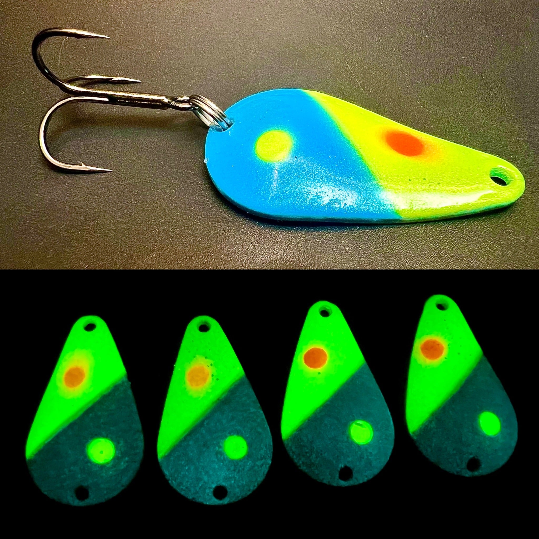 UV glow casting spoon lure with treble hook, blue neon yellow blade