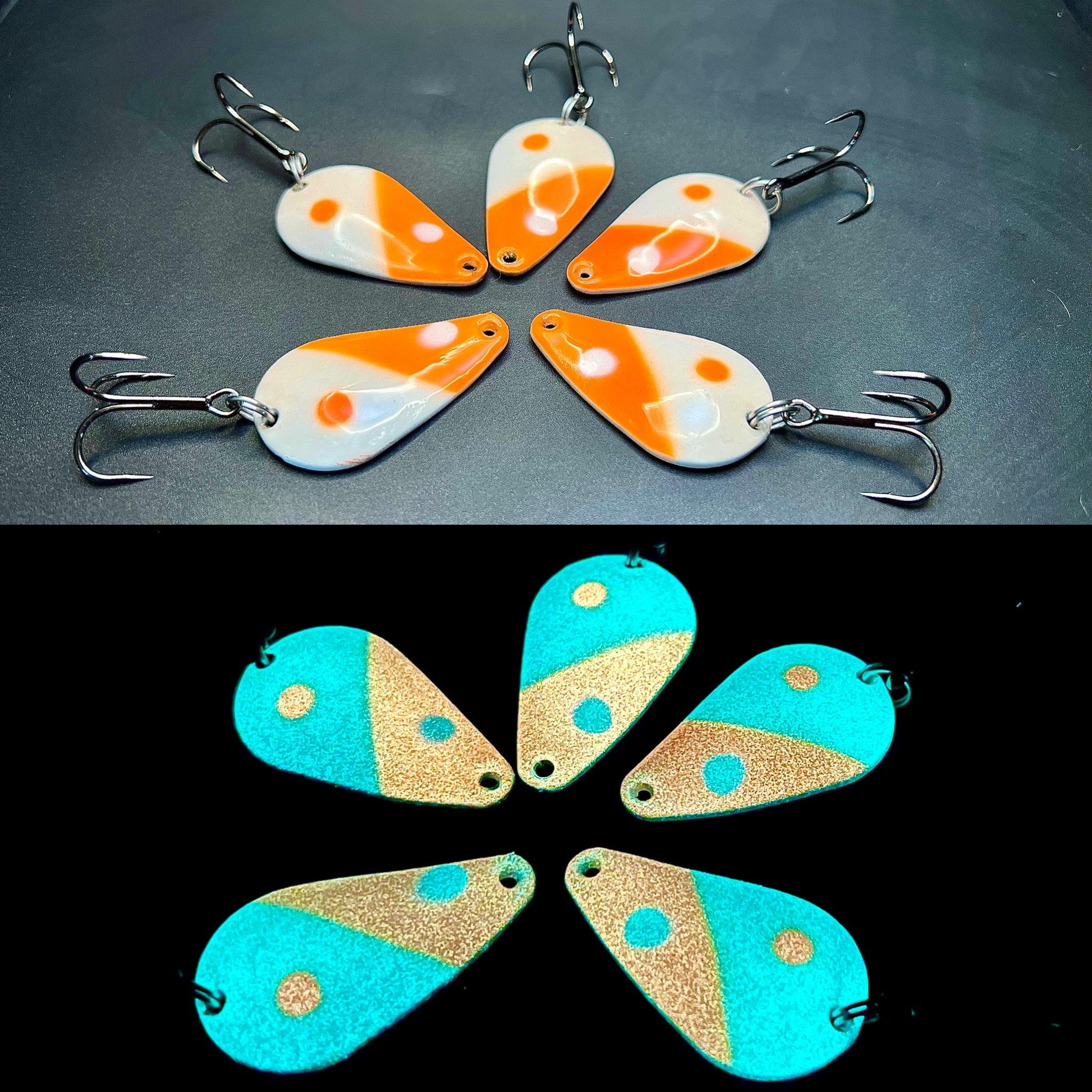 UV glow casting spoon lures, orange/white with treble hooks; five lures