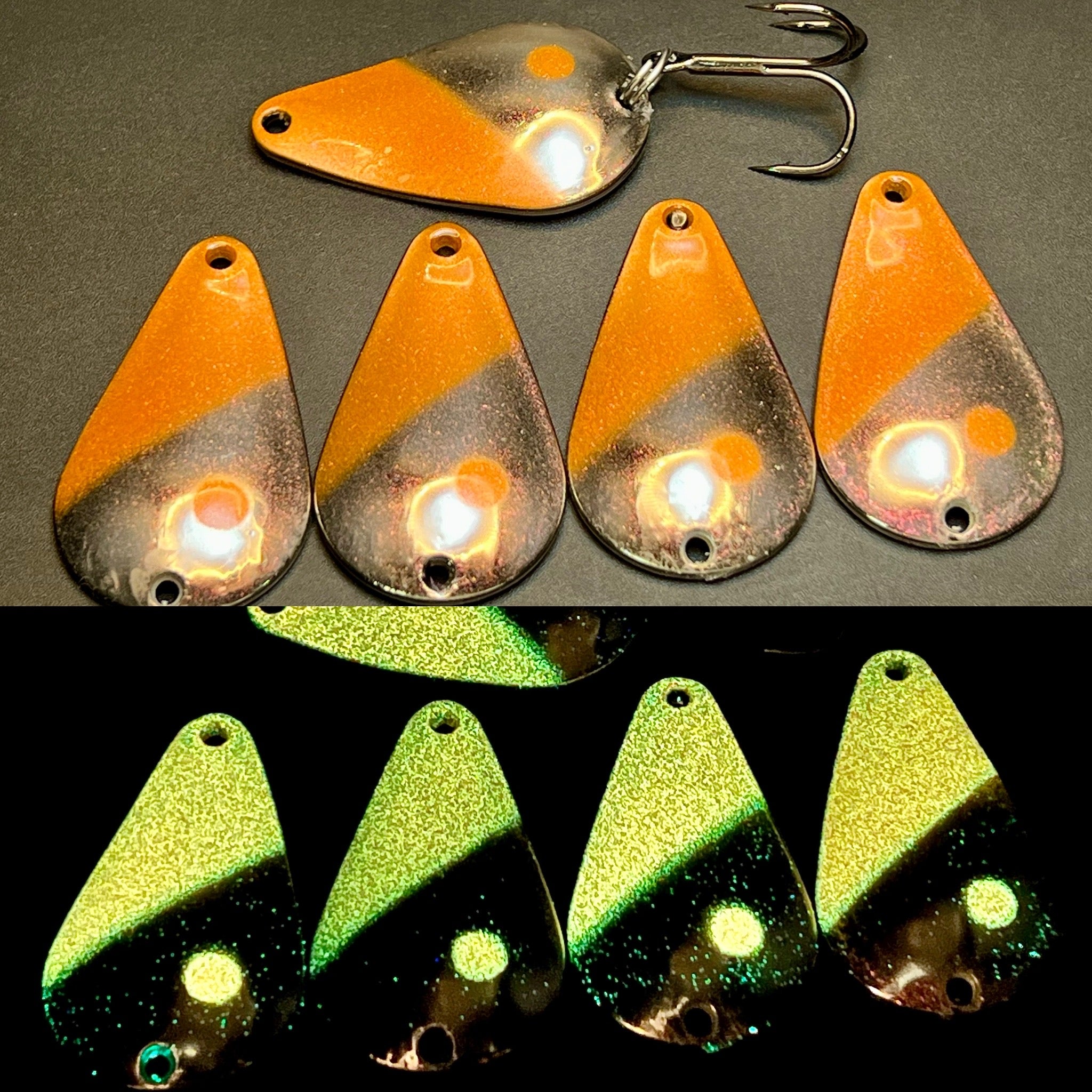 UV glow casting spoon lures, orange and chartreuse teardrop with hook