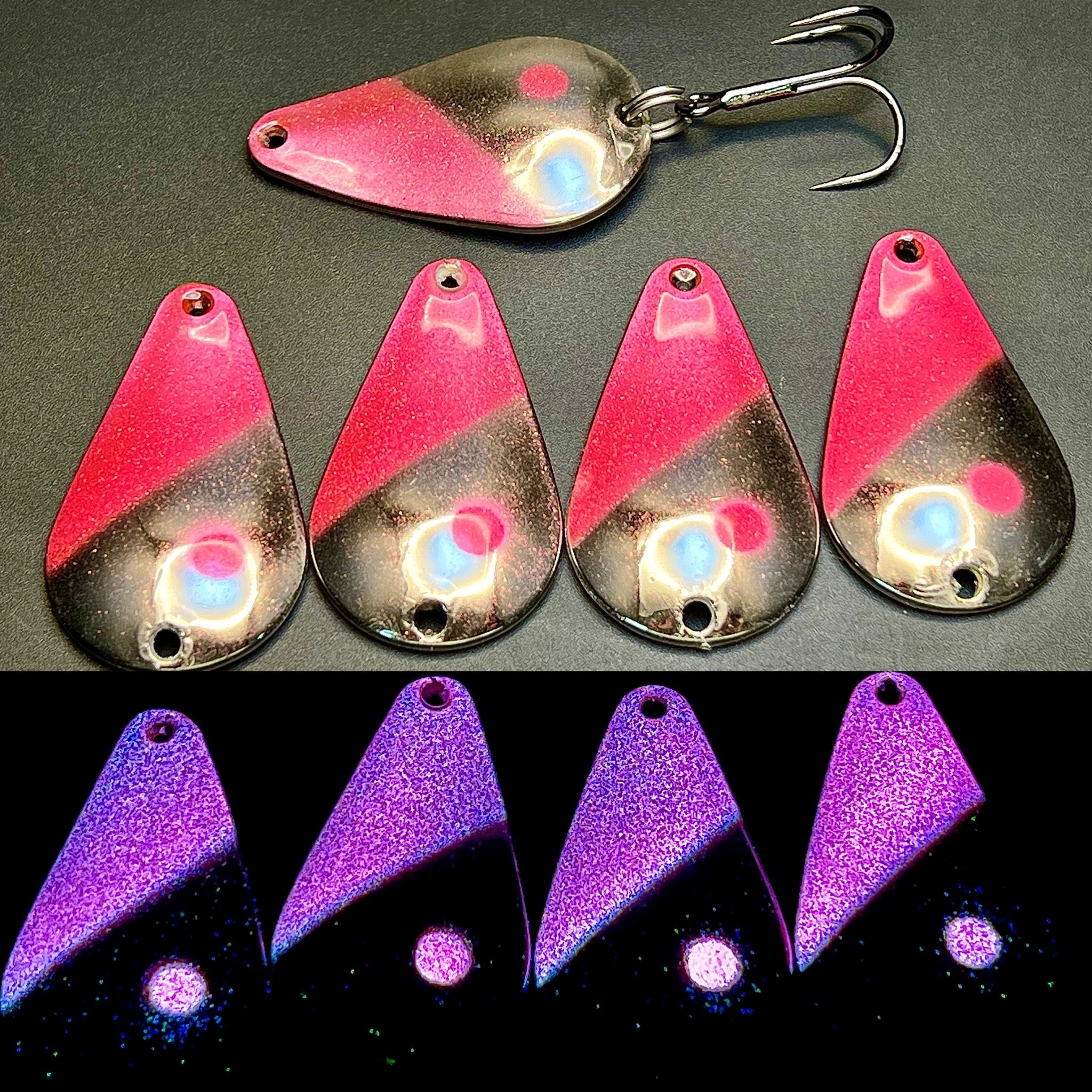 UV glow fishing casting spoons set, pink and purple glitter with treble hooks