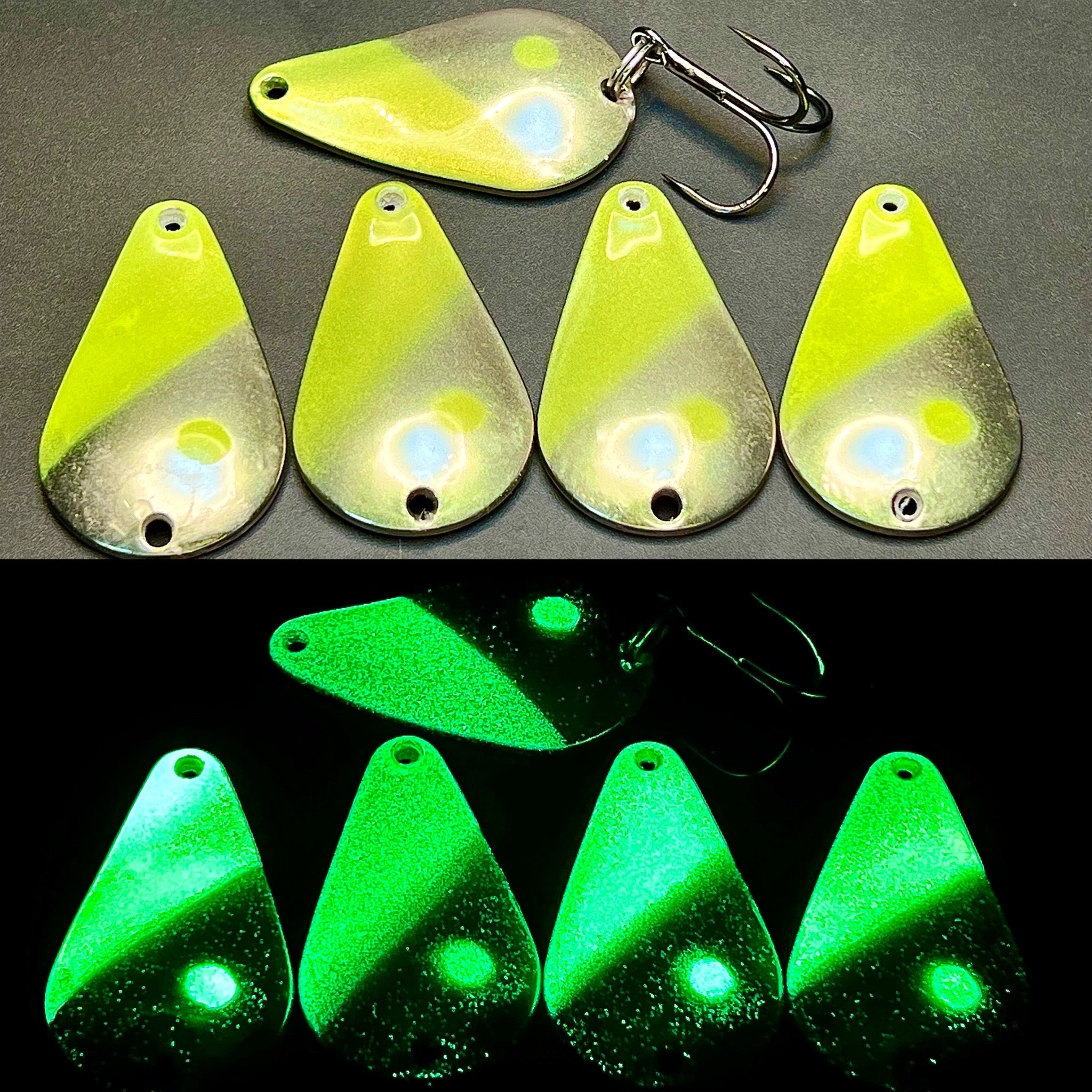 Lime green UV glow fishing lure spoons with treble hooks, four-piece set