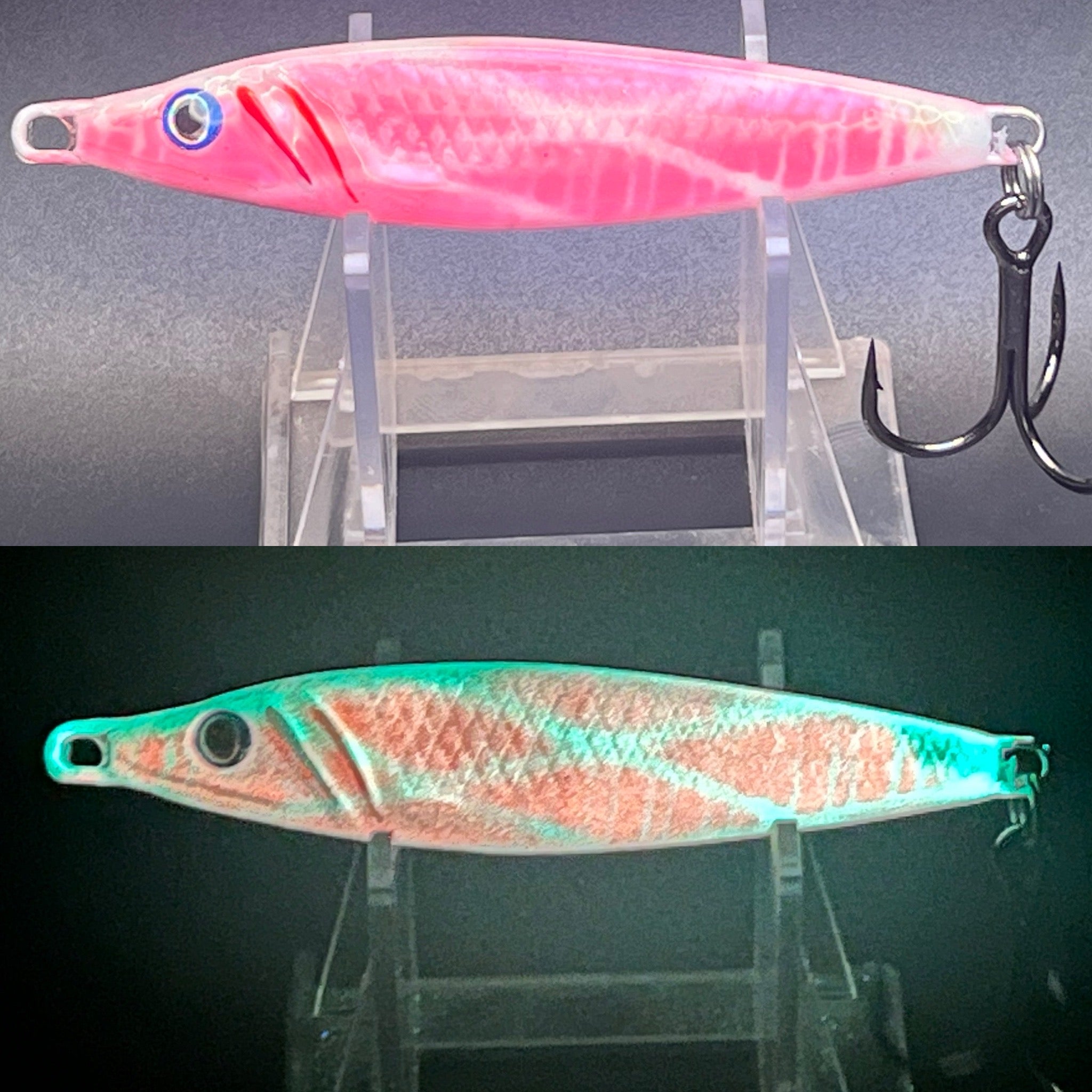 Fishing jigging spoon set, pink and turquoise with scale pattern, metal eyelets and hook