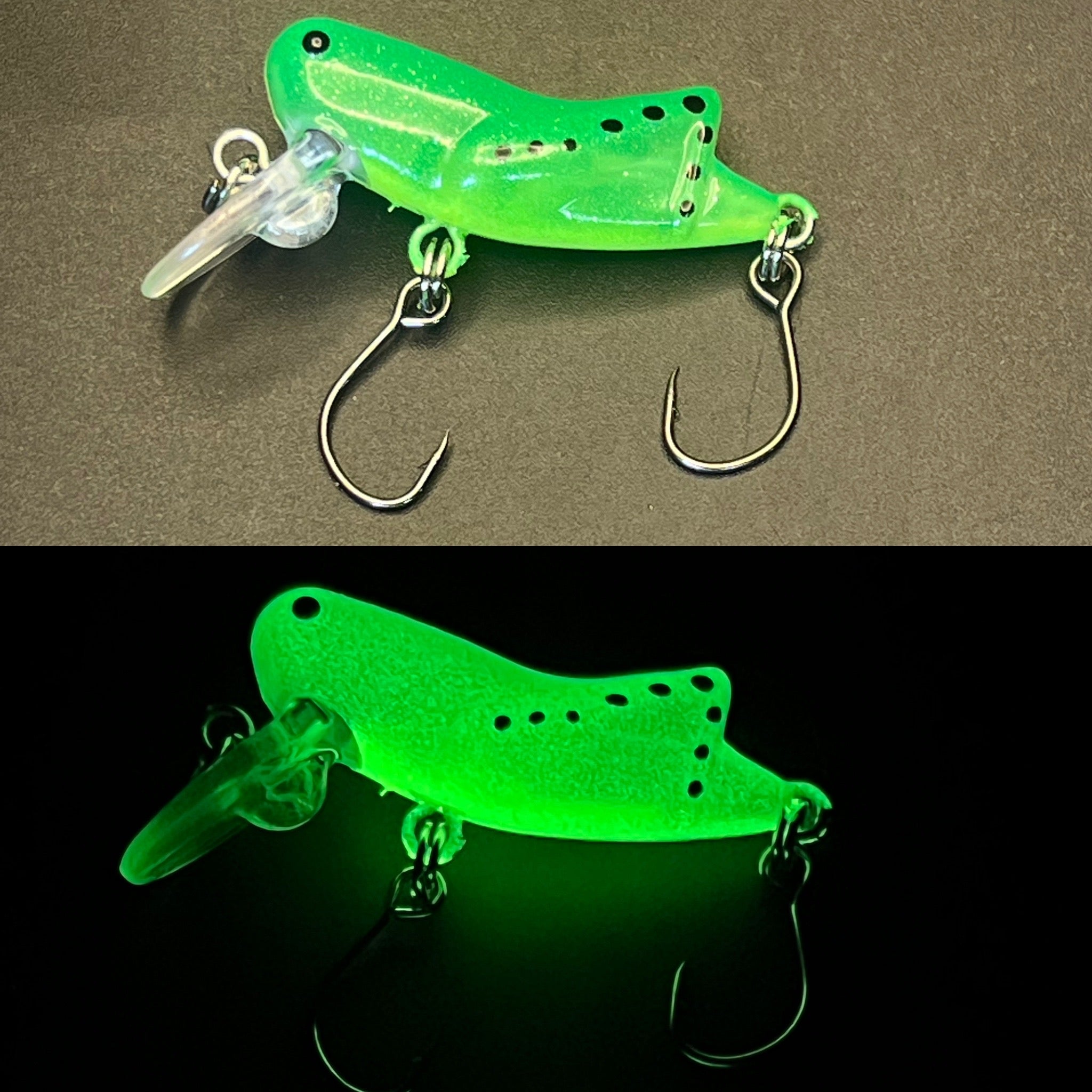 UV glow micro crankbait lure in bright green with clear lip and two hook sets