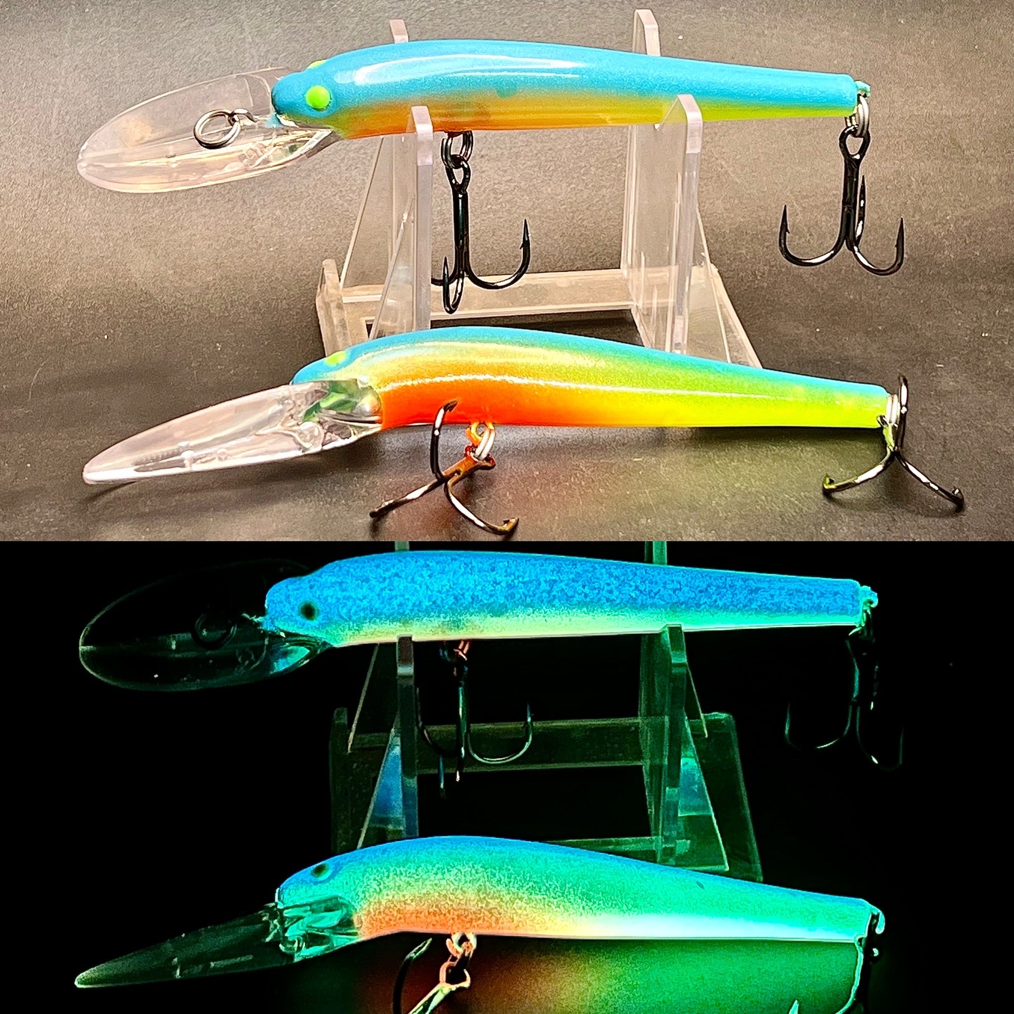 Glow-in-the-dark fishing lure, blue-green with treble hooks and clear body section
