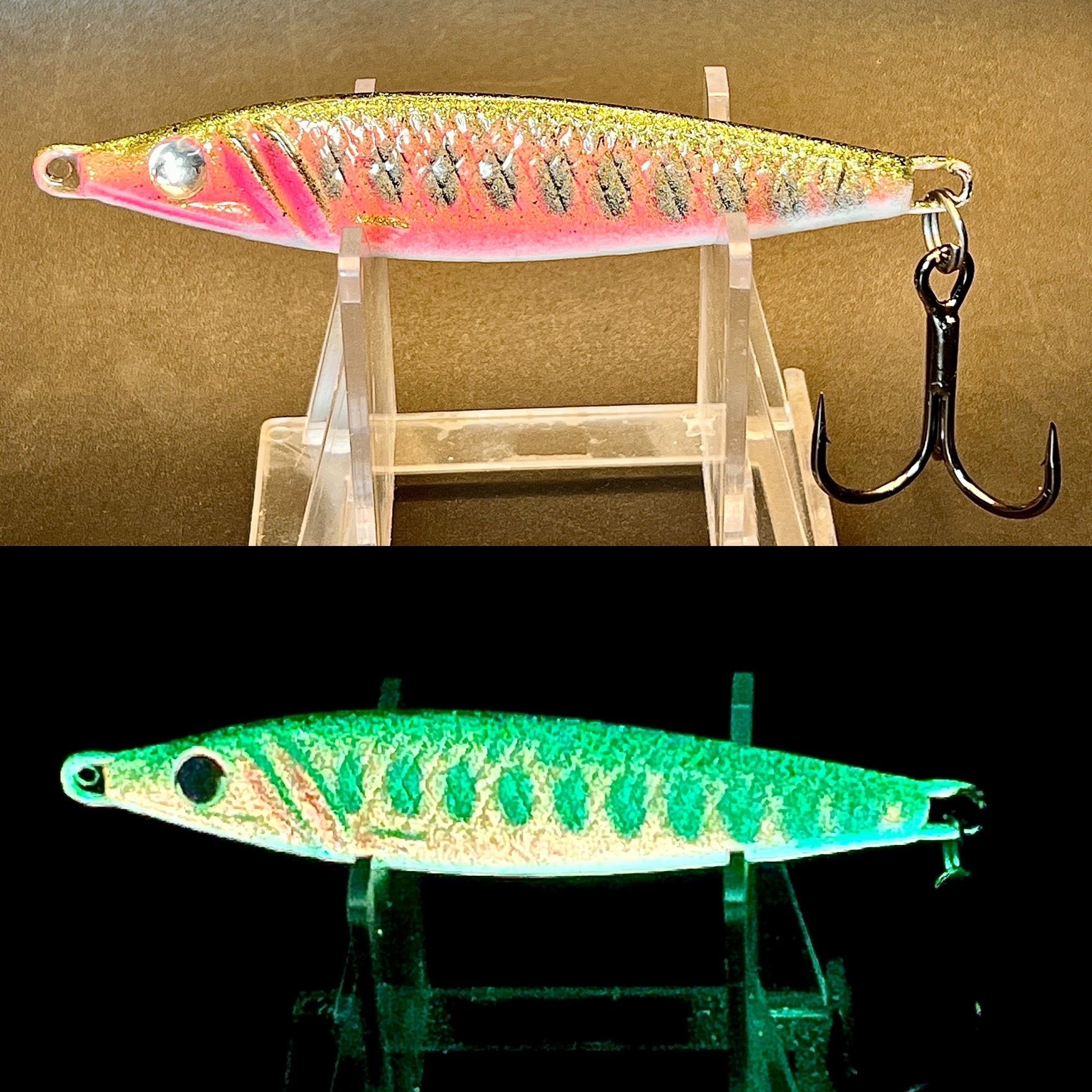 Fishing jigging spoon, pink-silver with hook and treble, two-tone glow finish