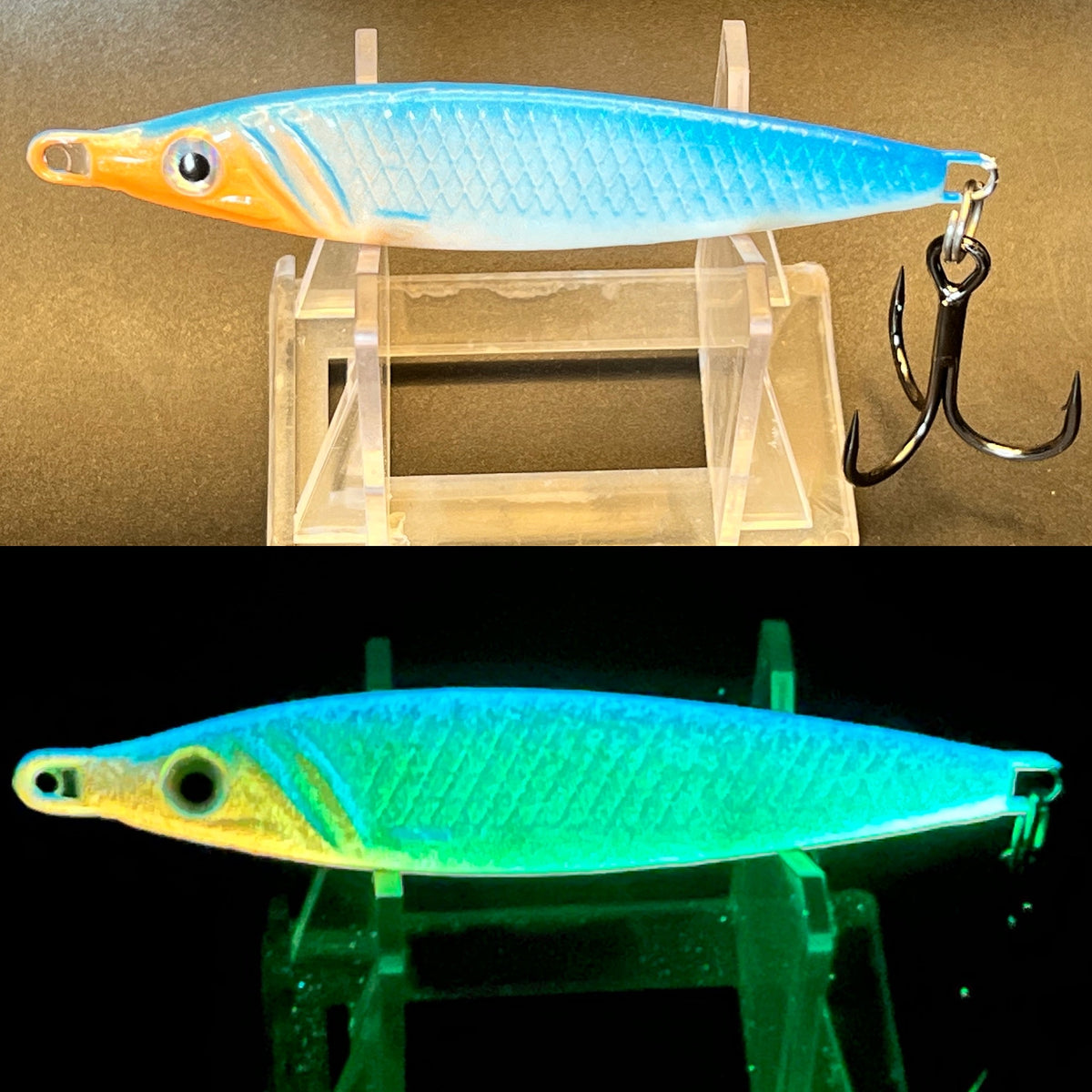 Ice Nine Gills UV glow jigging spoon with treble hook, blue and green body