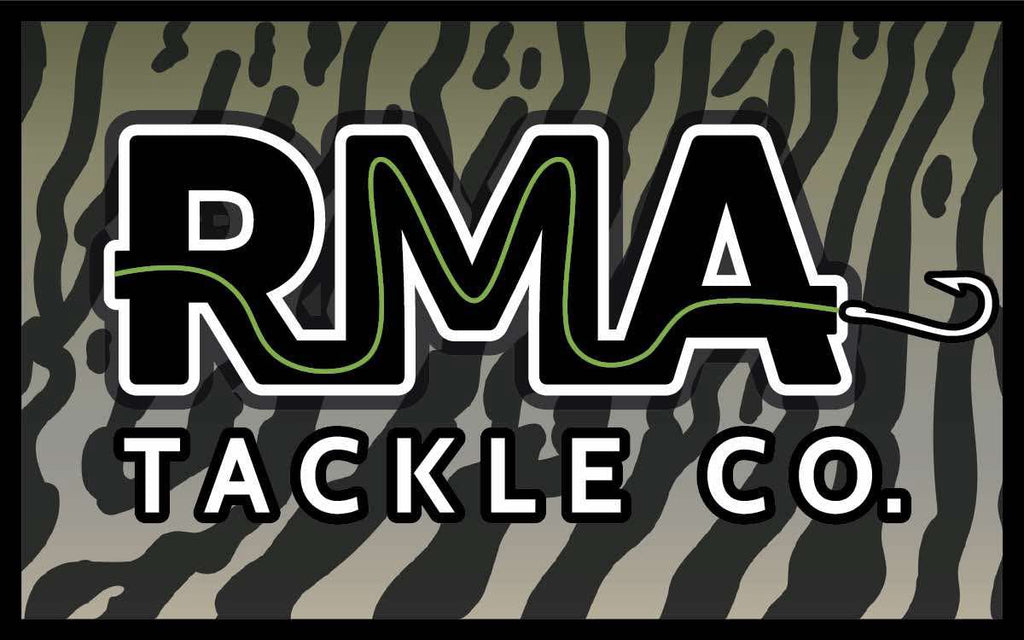 RMA Stickers with RMA TACKLE CO logo on black zebra-stripe camo background