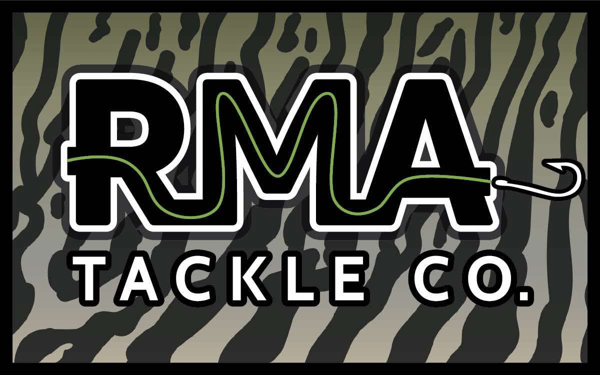 RMA Stickers with RMA TACKLE CO logo on black zebra-stripe camo background