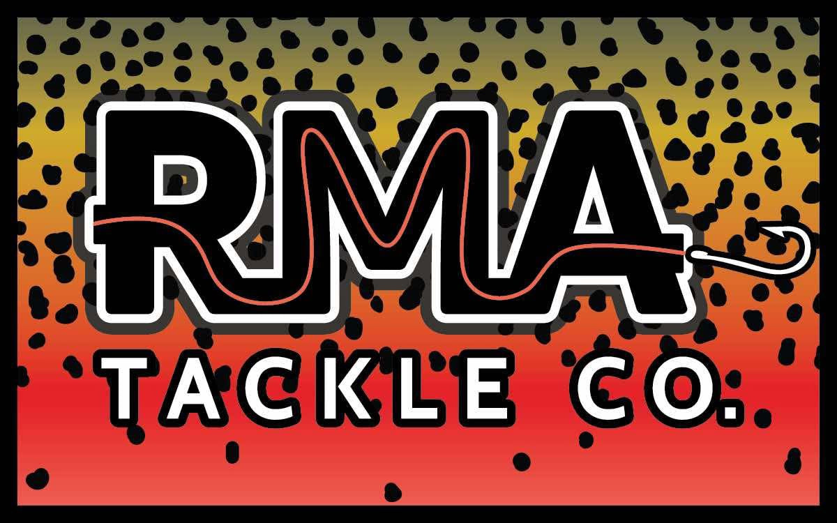 RMA Stickers with RMA TACKLE CO logo on orange-and-red speckle camo background