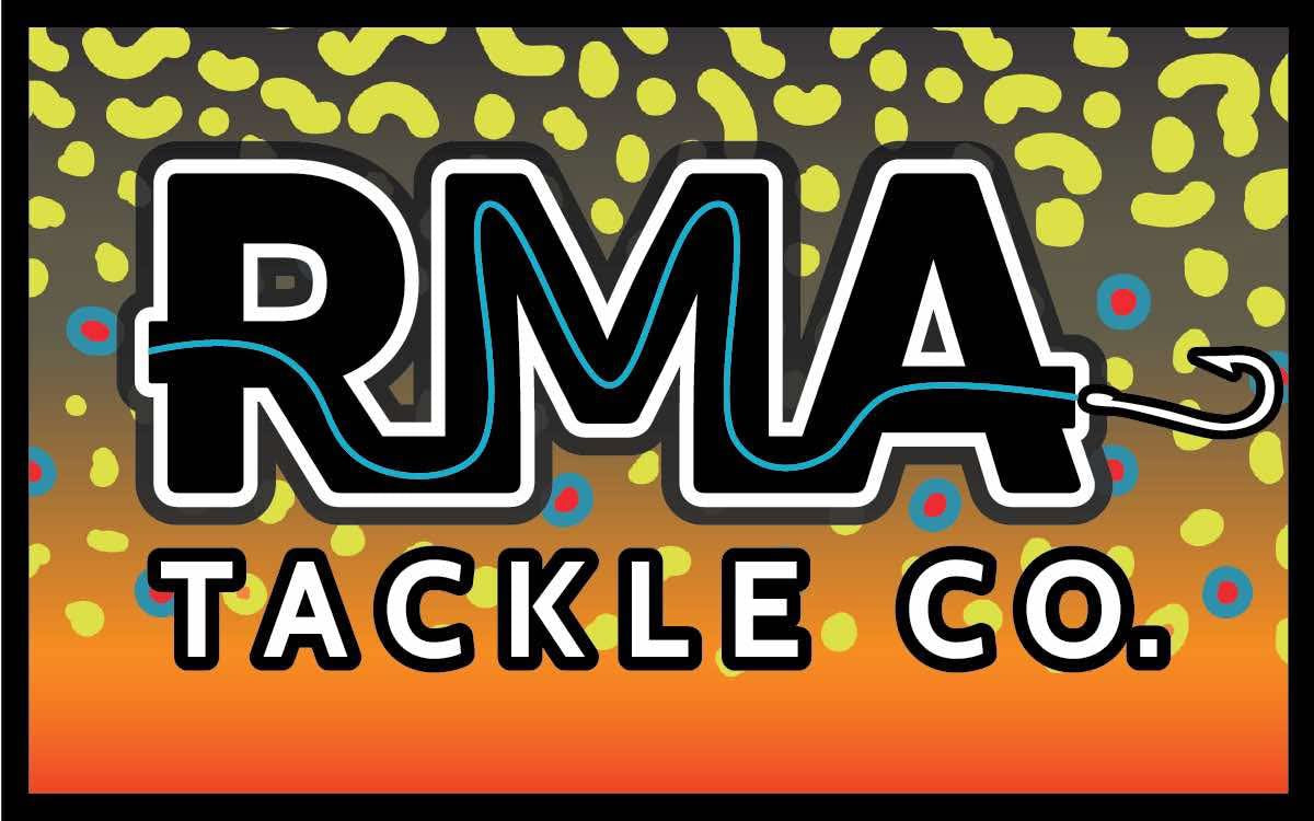 RMA Stickers with RMA TACKLE CO logo on green and yellow dot camo background