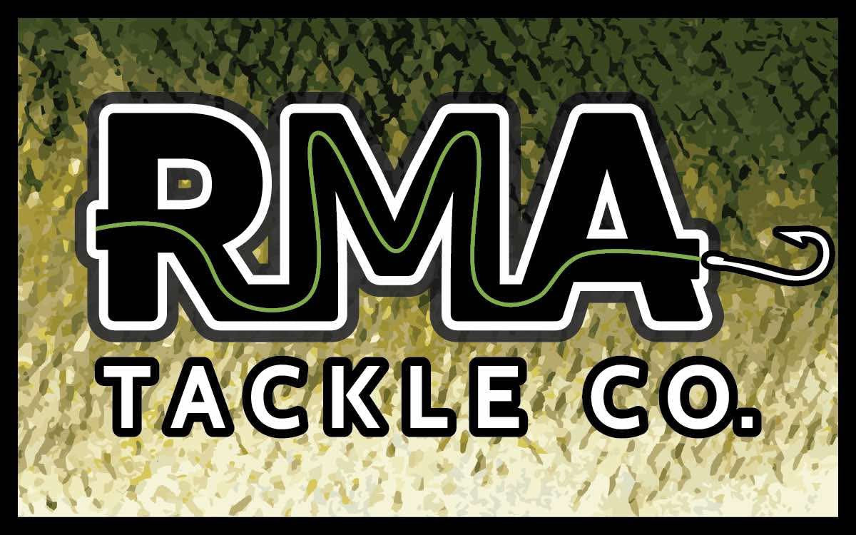 RMA Stickers with RMA TACKLE CO logo on olive-green mottled camo background