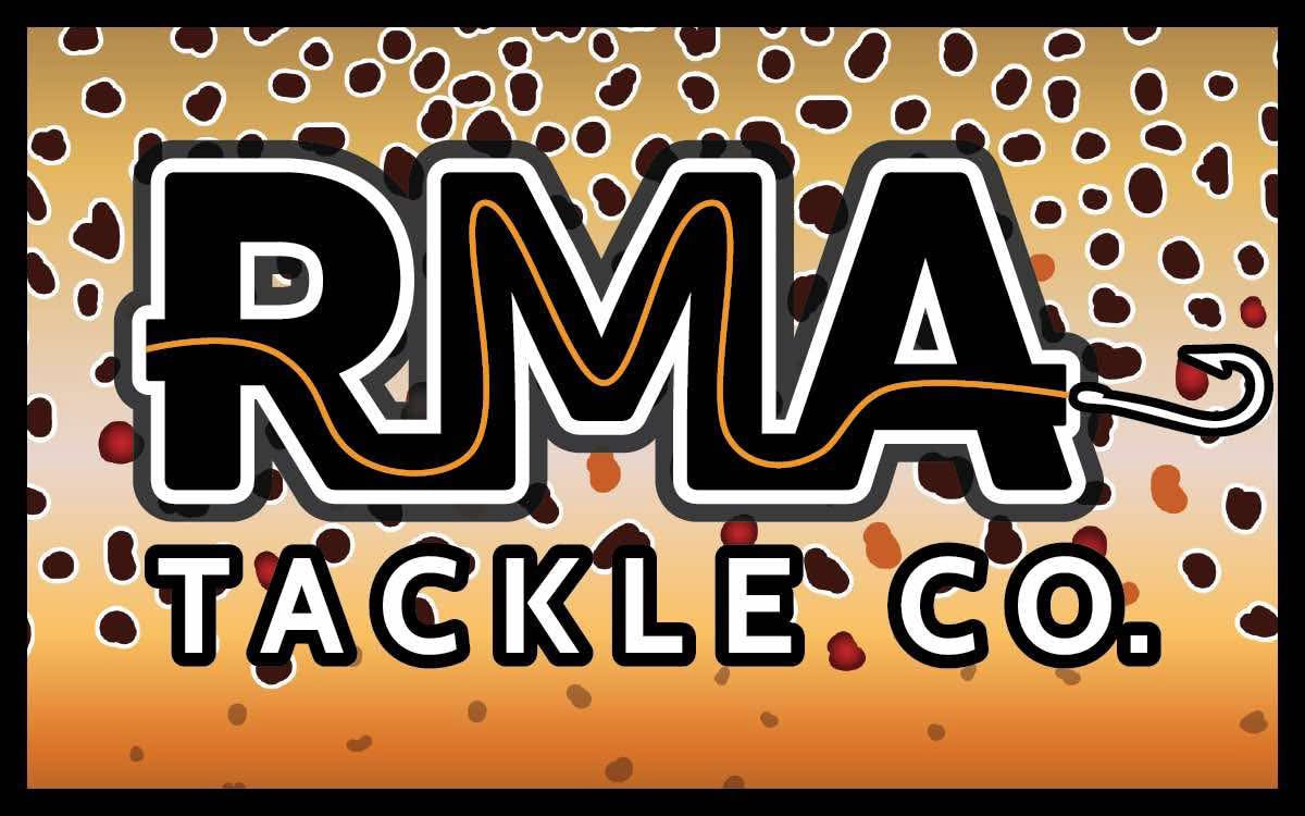 RMA Stickers with RMA TACKLE CO logo on brown speckle camo background