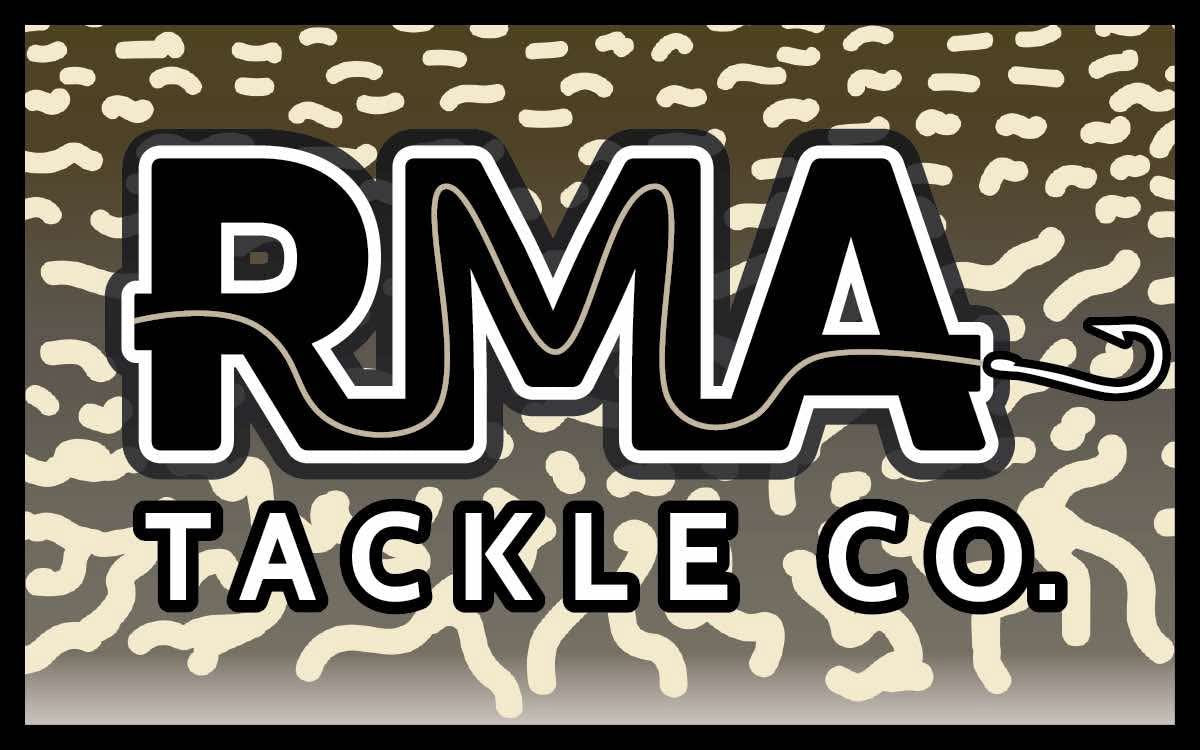 RMA Stickers with RMA TACKLE CO logo on beige-and-brown splatter camo