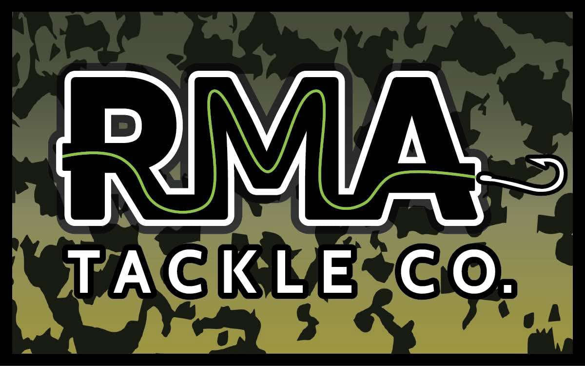 RMA Stickers with RMA TACKLE CO logo on dark olive camouflage pattern background