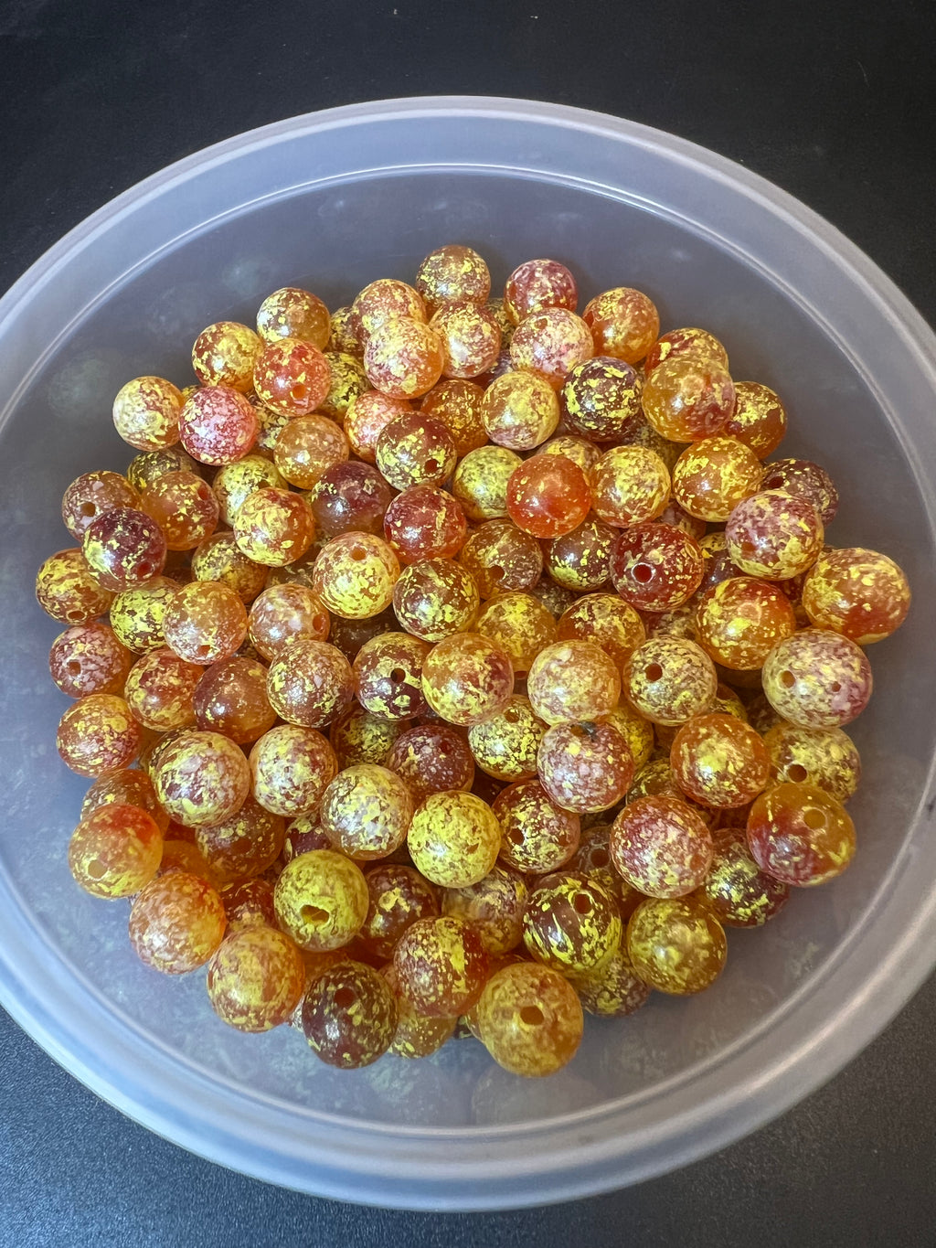 Glass fishing beads in round 3D glitter finish, warm gold and pink tones, mixed colors