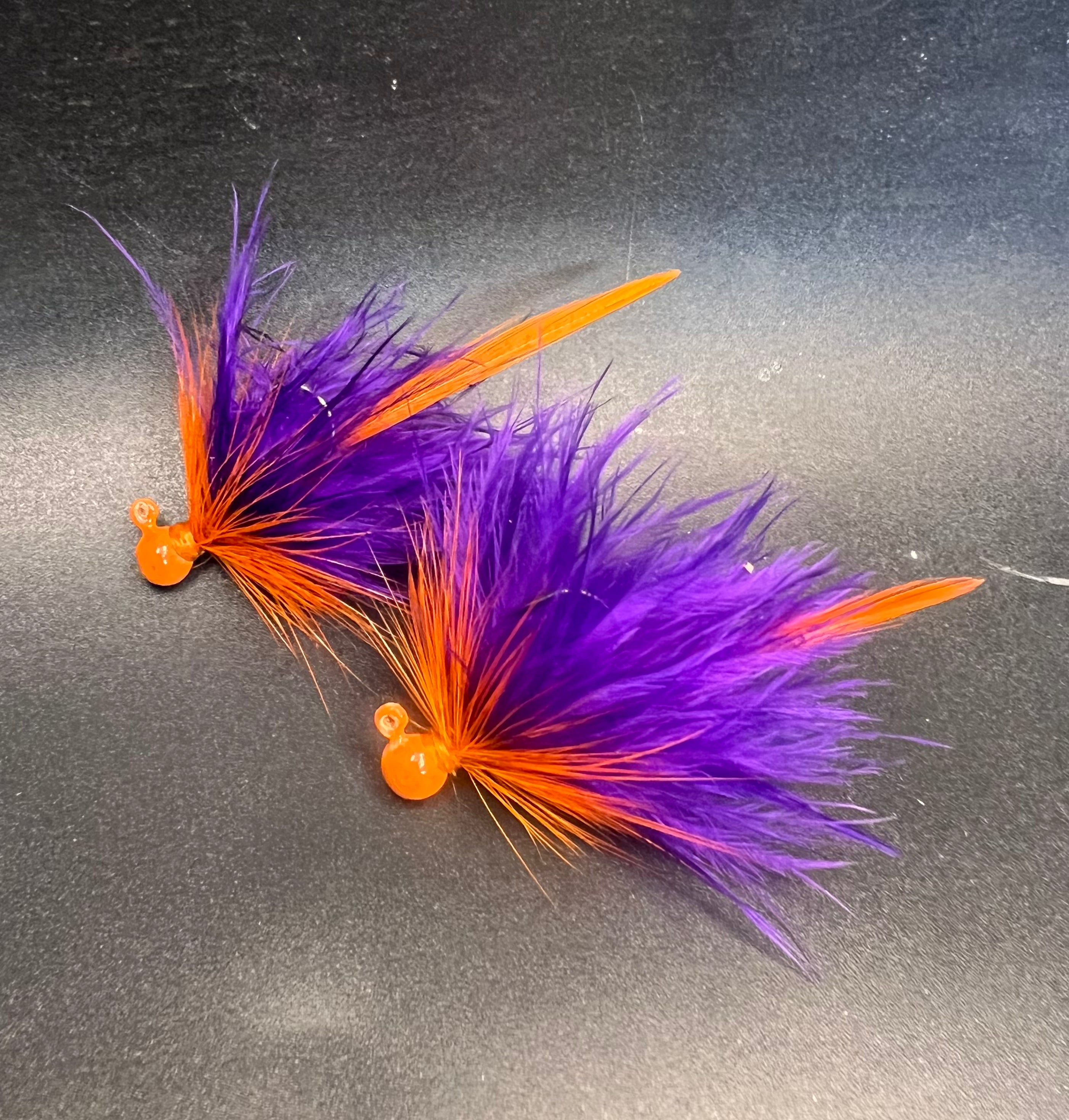 Maribou steelhead jig #4 with purple-and-orange feather tail and orange head