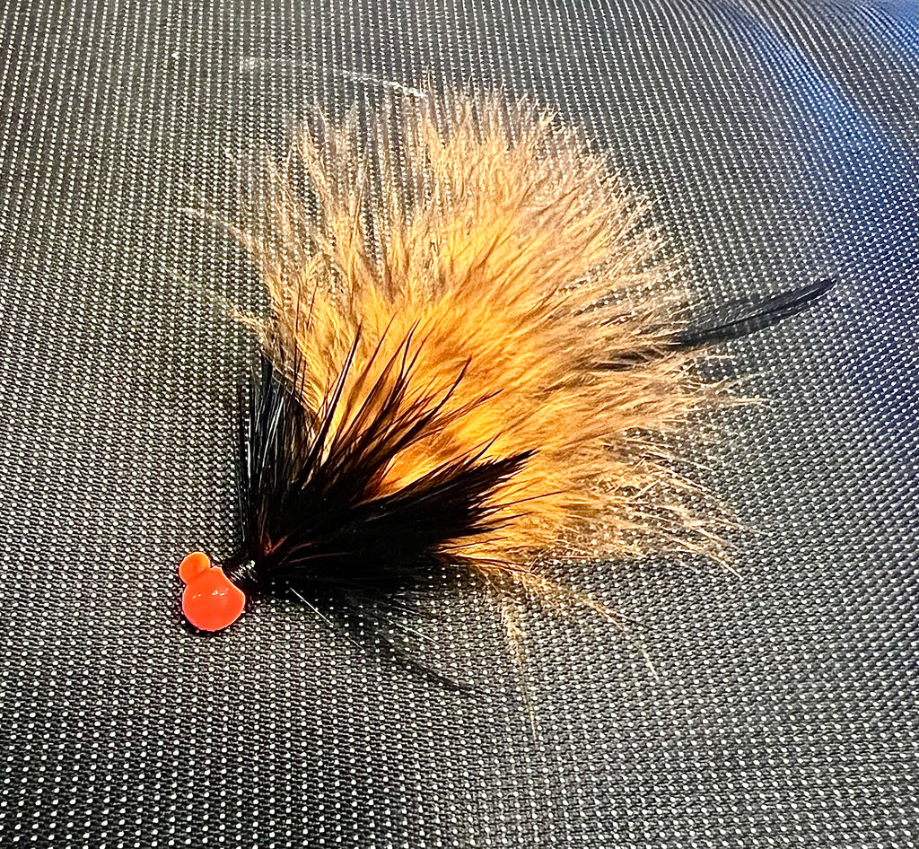 Marabou steelhead jig with orange and black tail, #4 hook, red bead