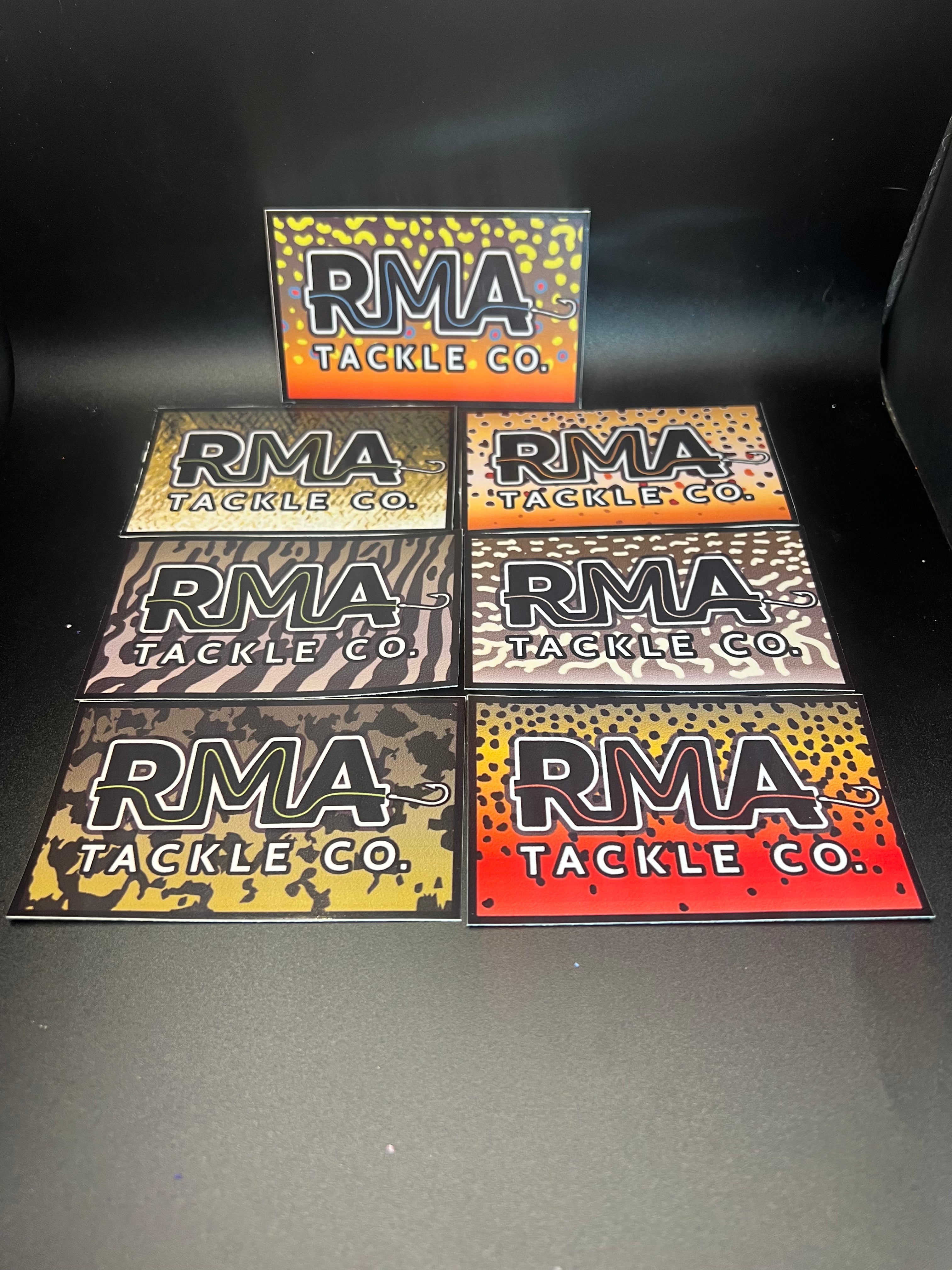 RMA Stickers set of six with RMA TACKLE CO logo on camo-pattern backgrounds