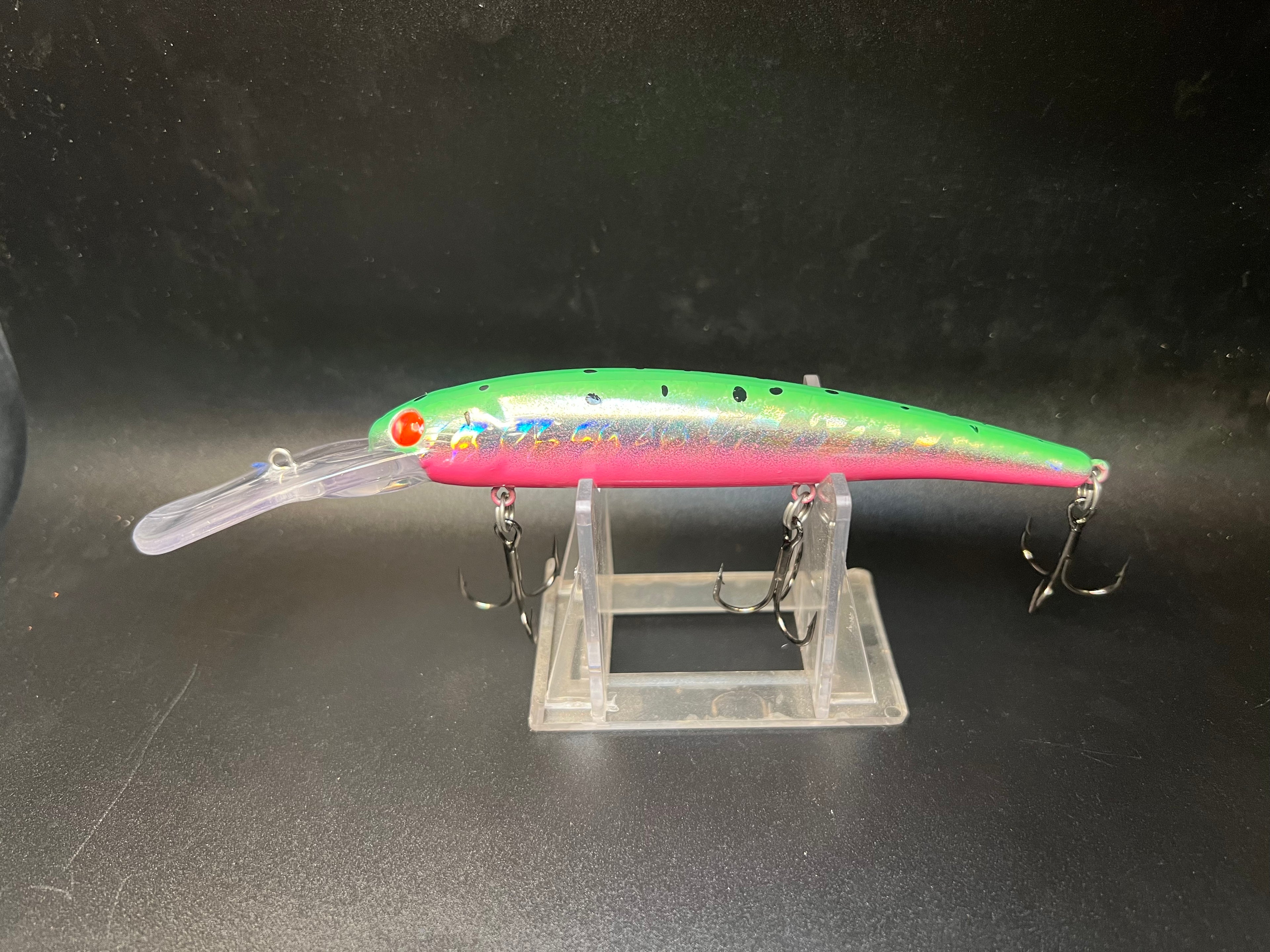 Troutermellon UV Banned-It walleye trolling lure, green and pink minnow, front lip