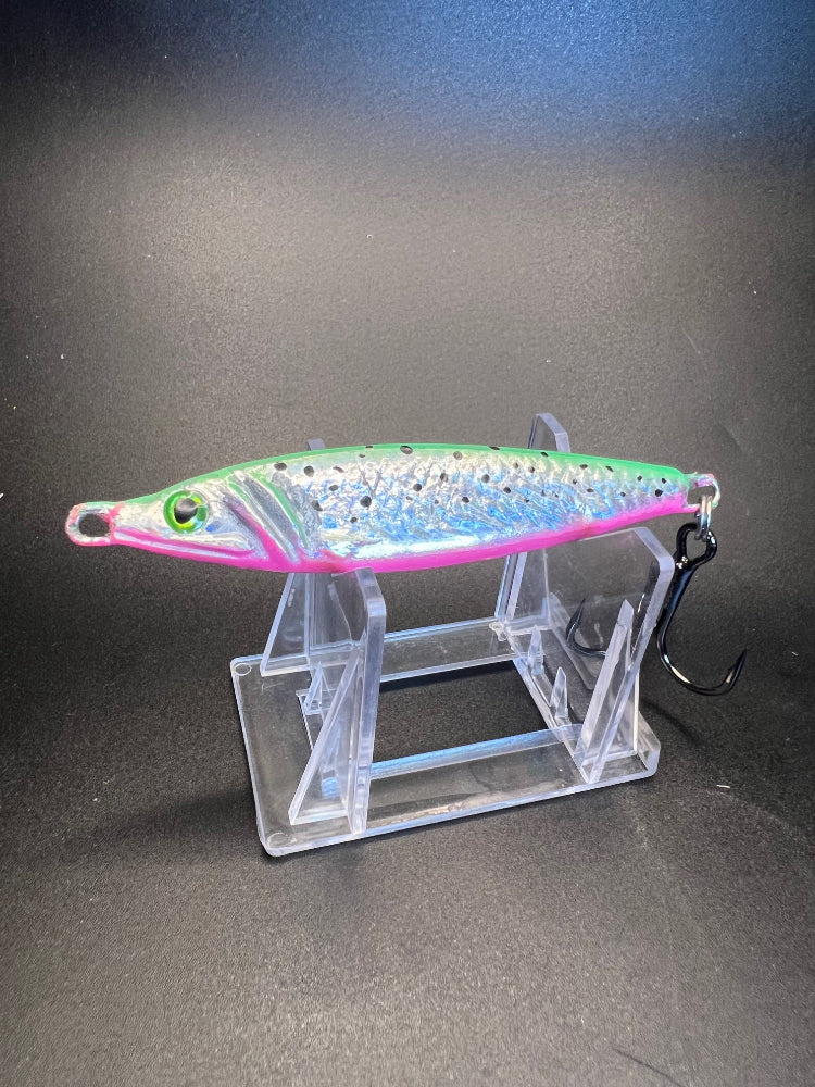 Fall Trout Boy UV 2 oz jigging spoon: green/purple prismatic with silver sparkle