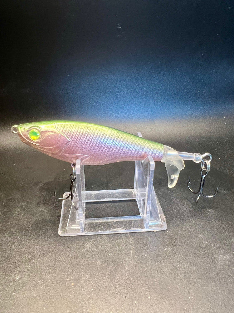 Bunky Mutt Flopper Plopper flat-side hard bait, iridescent green/pink, with 3 hooks