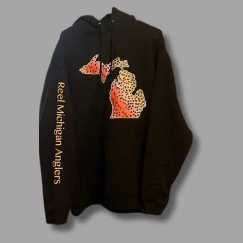 Reel Michigan Anglers hooded pullover sweatshirt, dark with fish graphic on chest