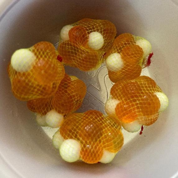 Floating glow spawn bags: orange net balls with pale coho salmon egg centers