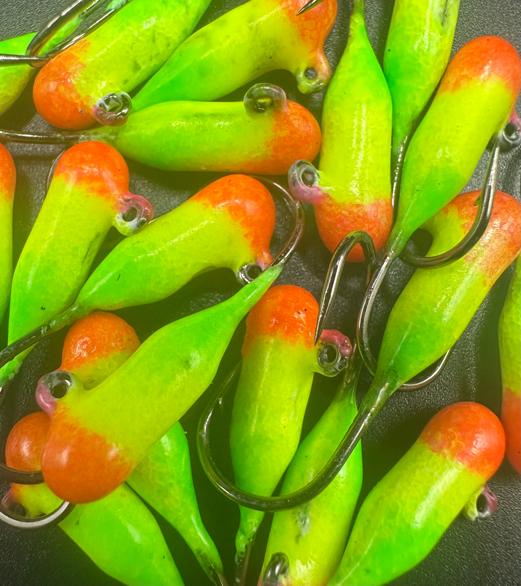 Fire Lion steelhead tube jig, neon green-orange with hook